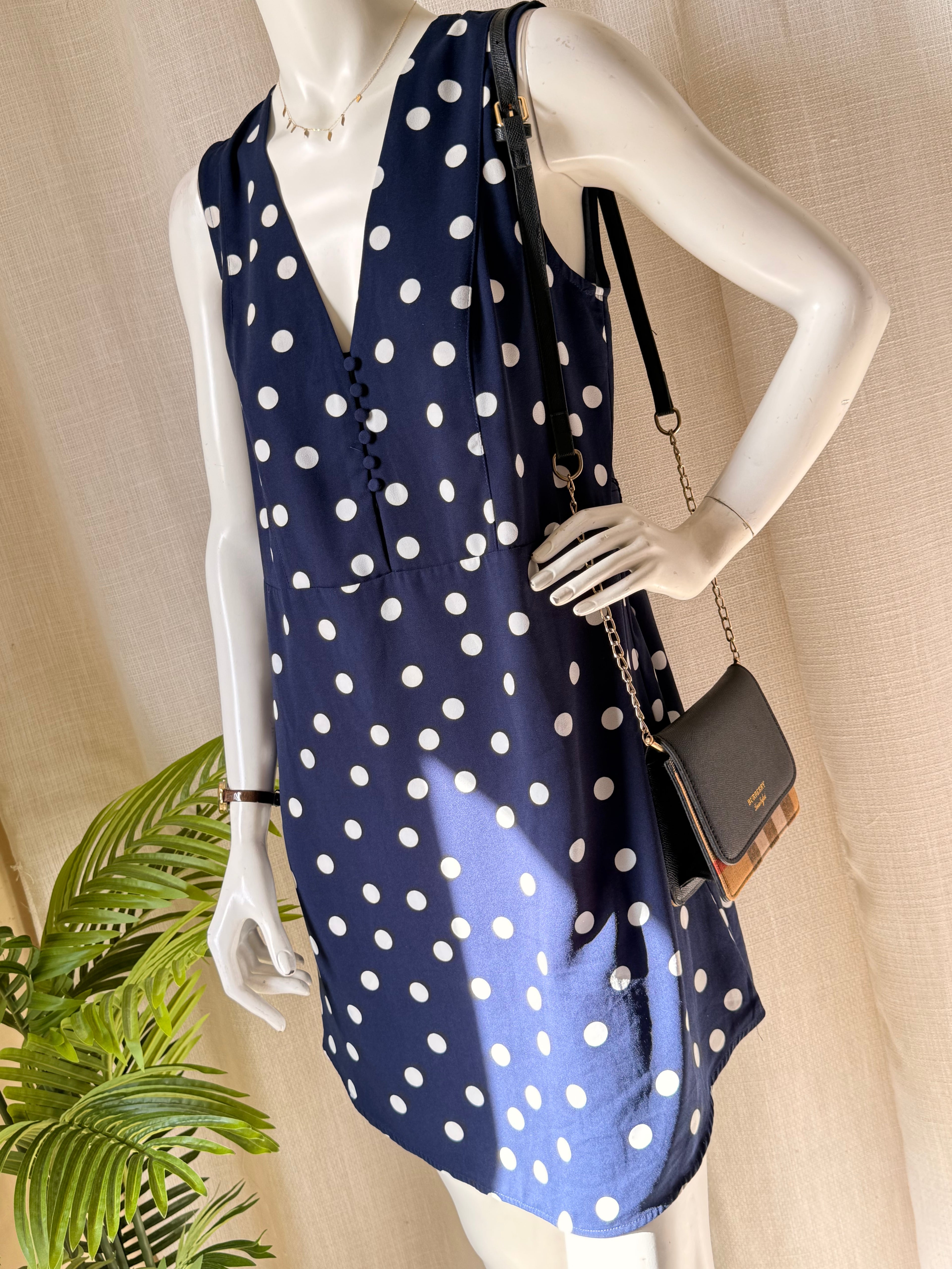 A New Day Navy Polka Dot Dress - V-Neck with Button Detail - Size Medium - Preloved A New Day Navy Polka Dot Dress - V-Neck with Button Detail - Size Medium - Preloved