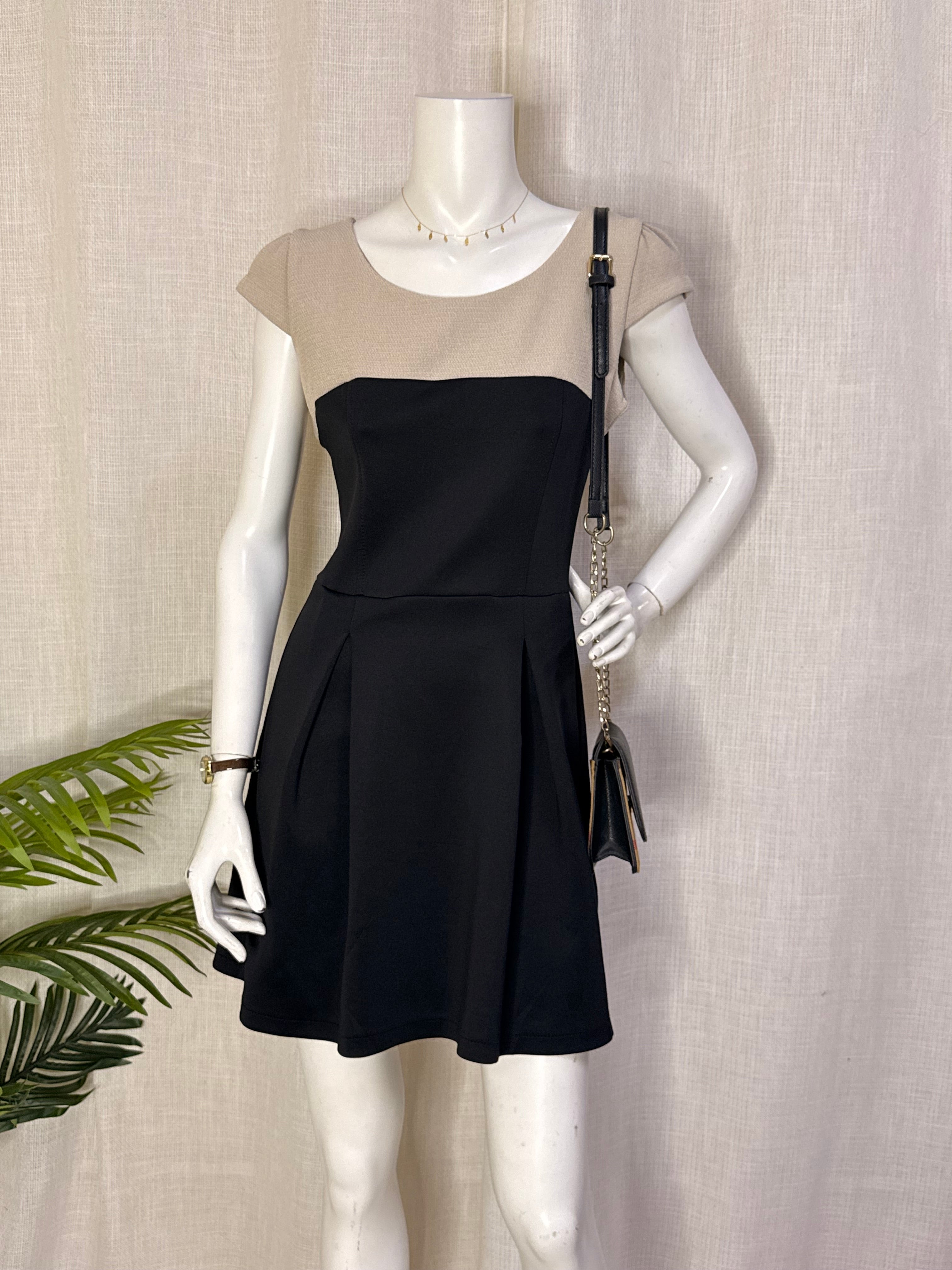 Rimini 1928 Beige & Black Colorblock Pleated Skater Mini Dress – Size Medium