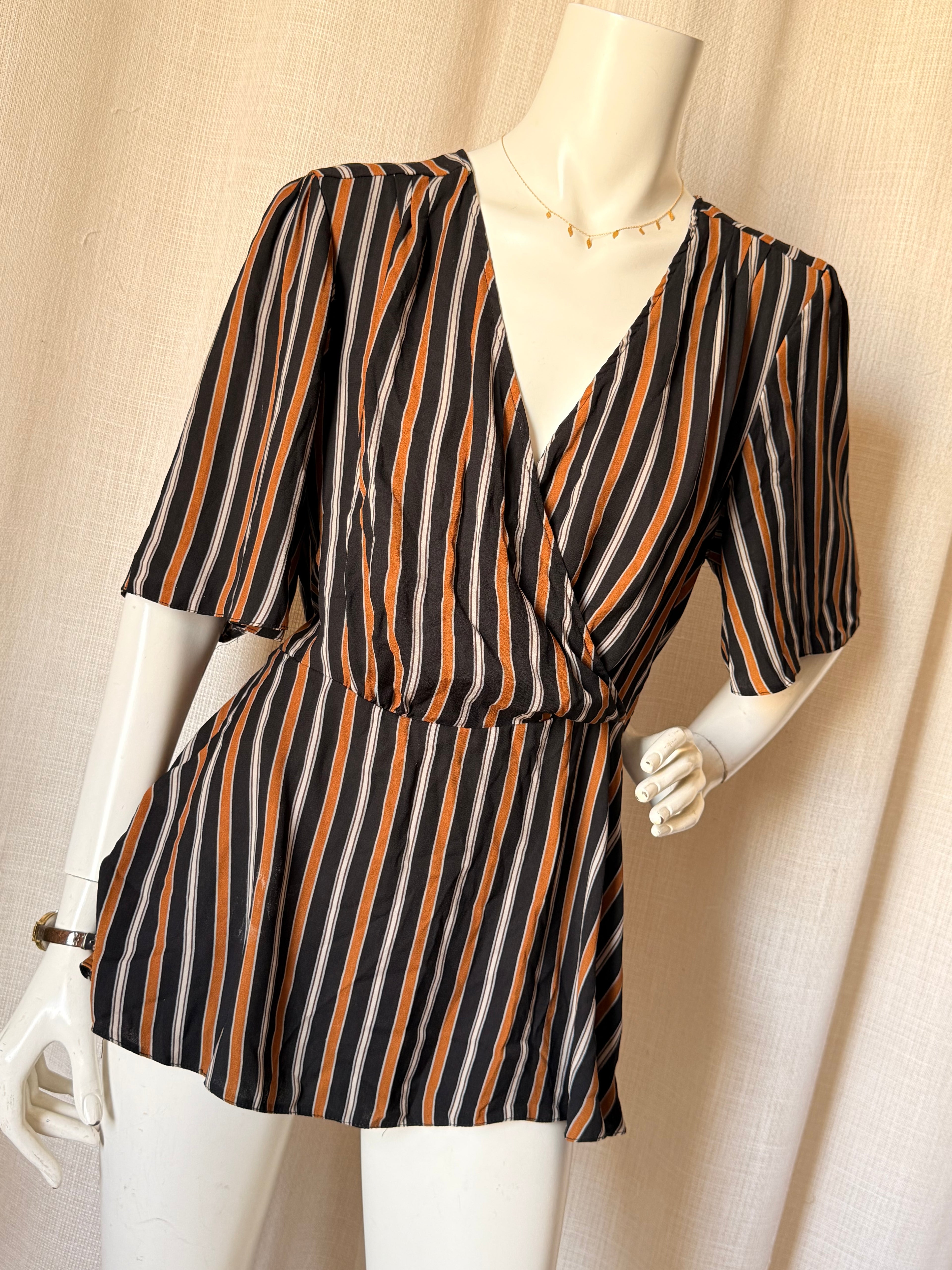 River Island Vertical Stripe Wrap Blouse - Burnt Orange & Black - Size UK 16