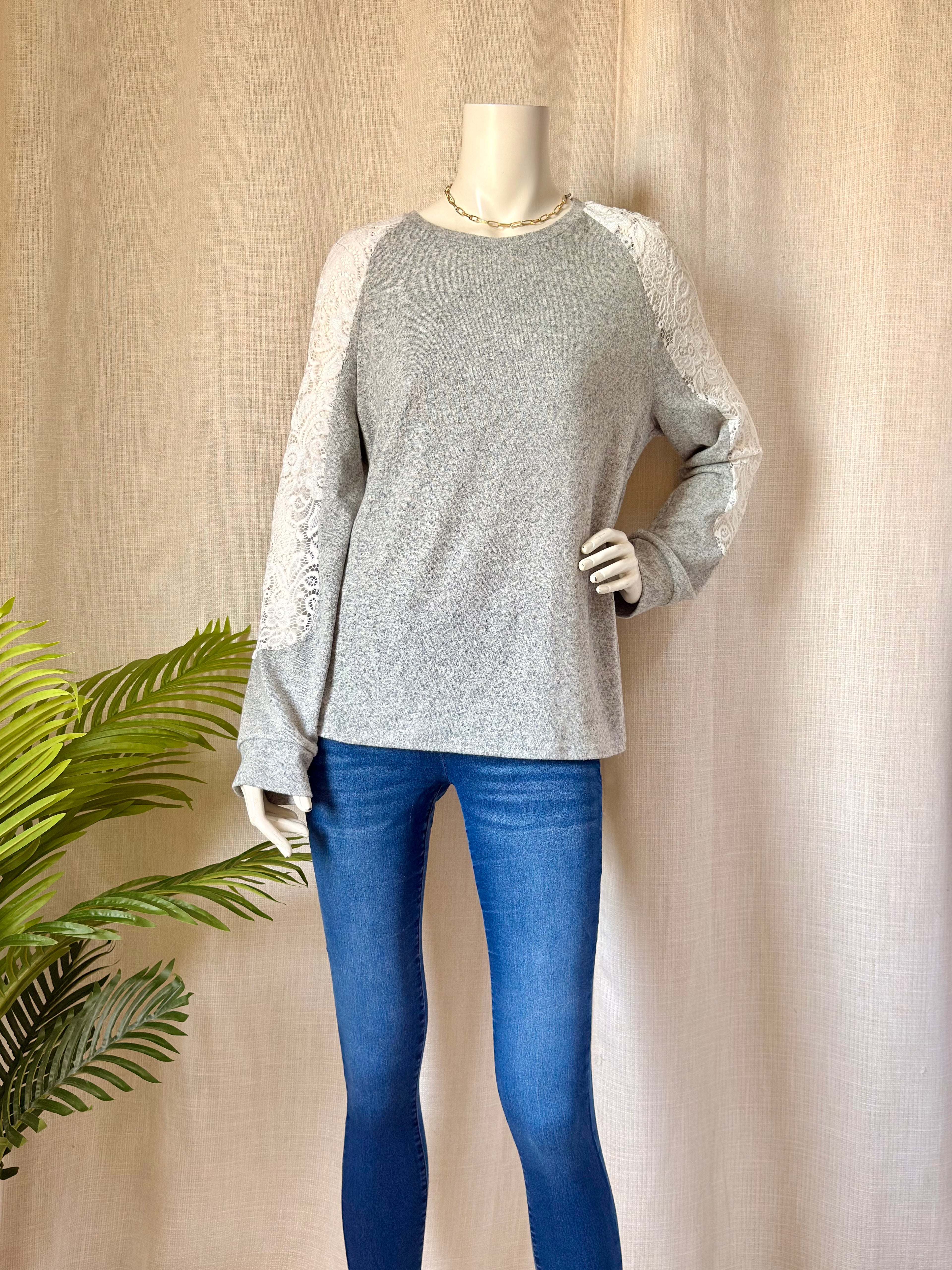 SHEIN سويت شيرت رمادي بأكمام دانتيل | XL