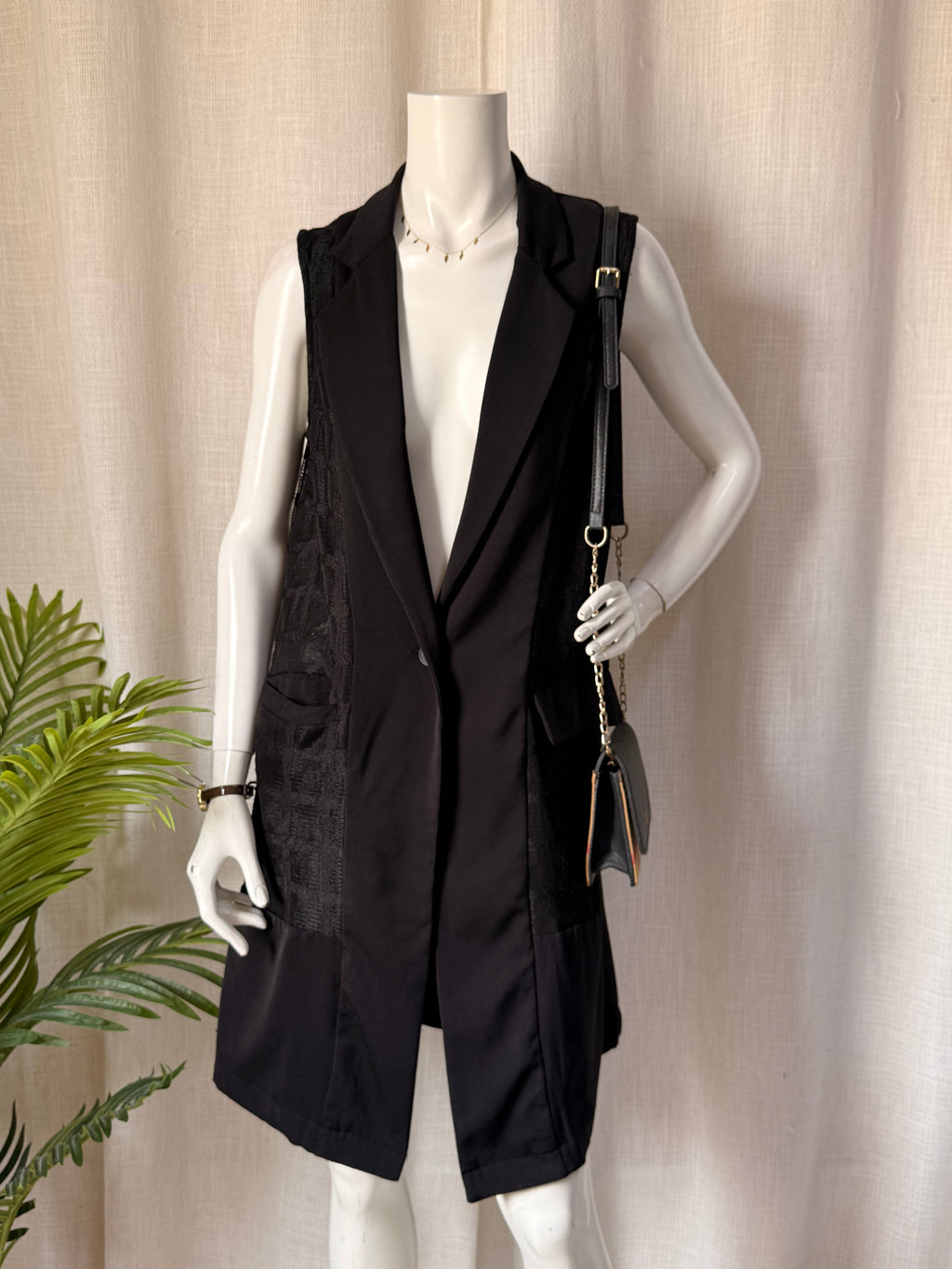 Rocco Collection Black Sleeveless Longline Vest – Size S | Sheer Panel Open Blazer | Elegant Layering Piece