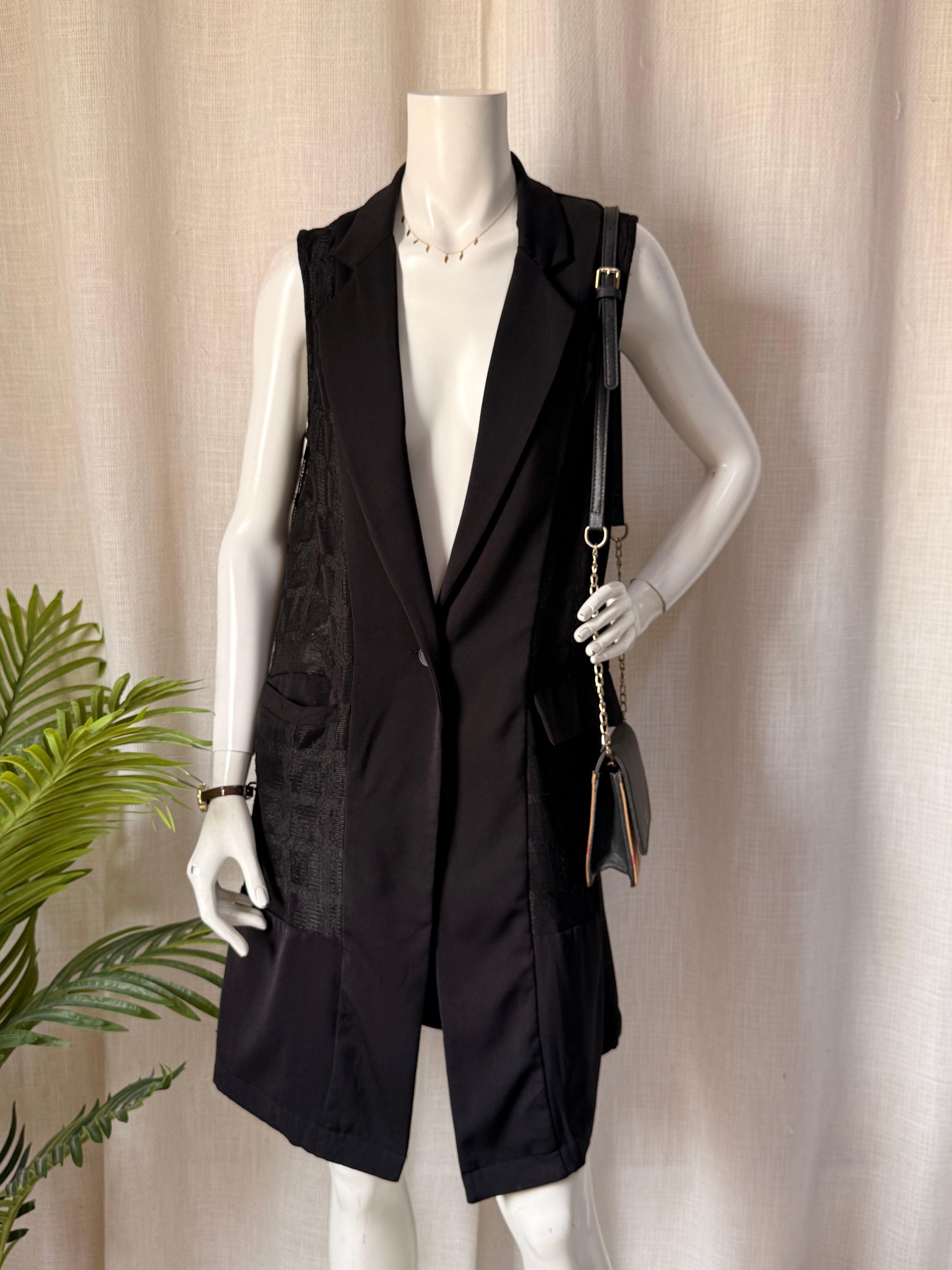 Rocco Collection Black Sleeveless Longline Vest – Size S | Sheer Panel Open Blazer | Elegant Layering Piece