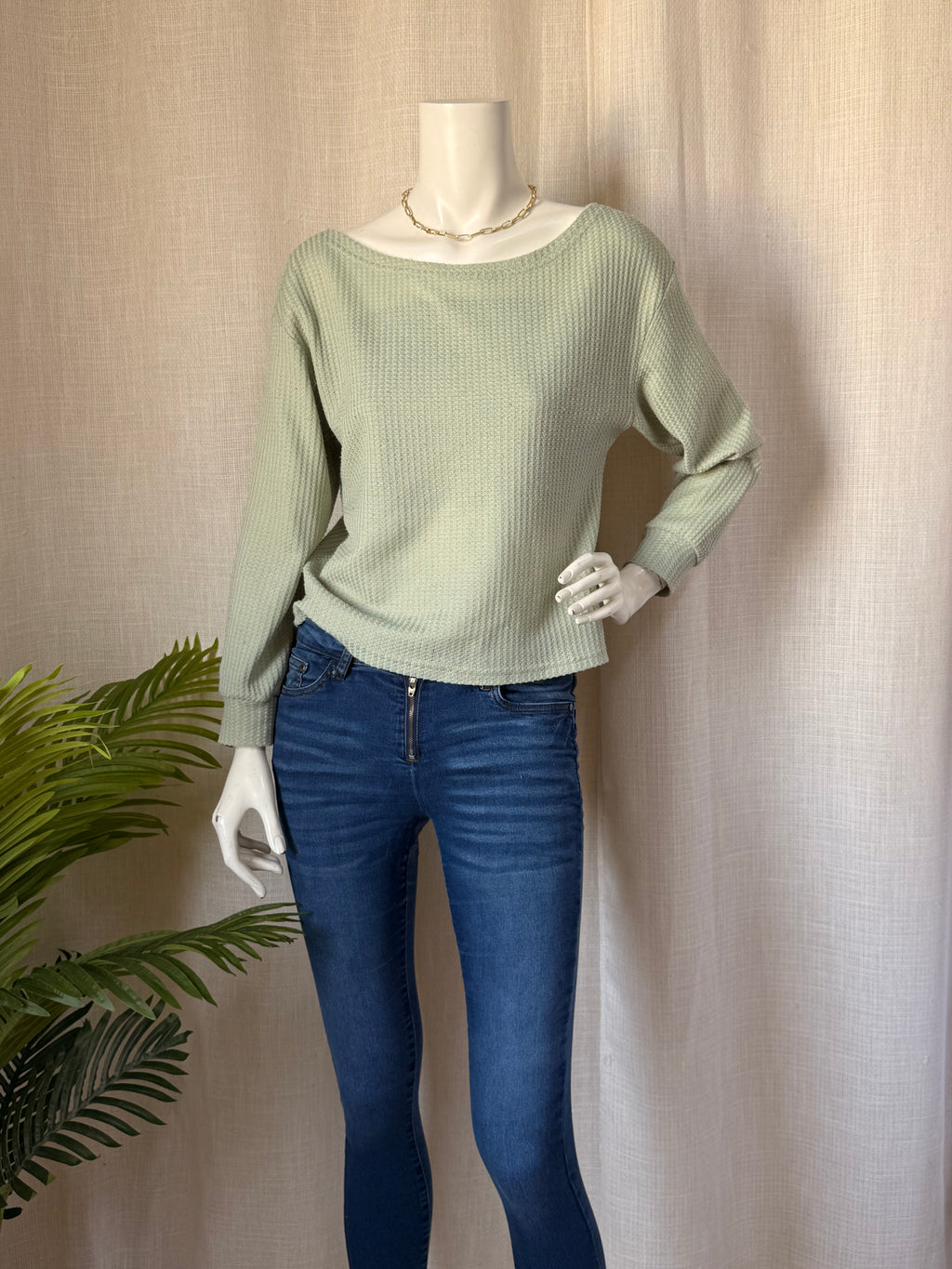 SHEIN Sage Green Waffle Knit Boat Neck Top | Small