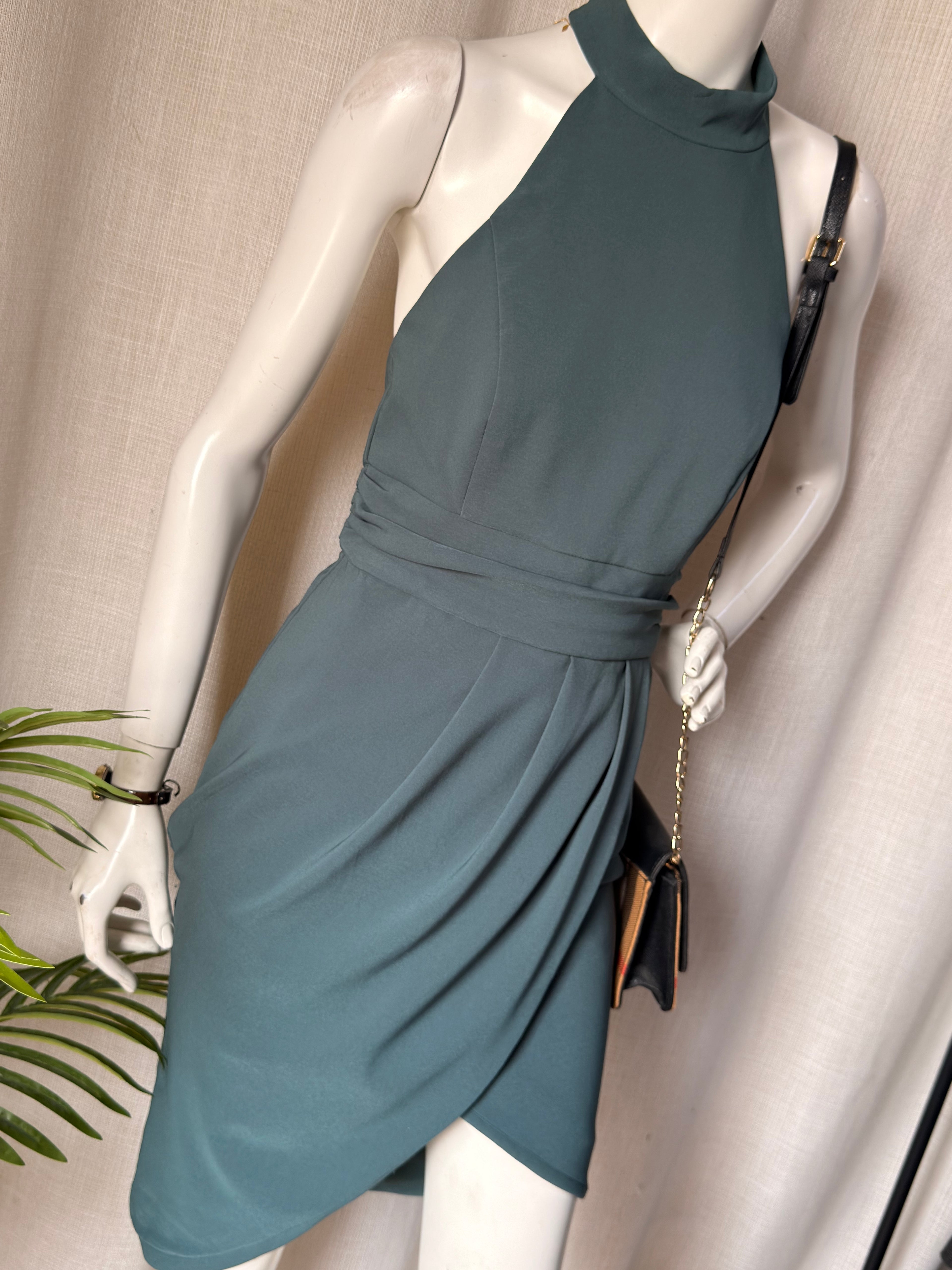 Lavish Alice Slate Green Halter High-Neck Wrap Midi Dress – Size UK 8 / US 4 | Elegant Cocktail & Evening Party Dress