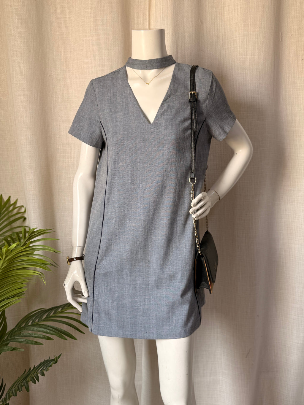 Zara Basic Grey Choker Neck Shift Mini Dress – Size Large | EUR L / US L | Office & Smart Casual