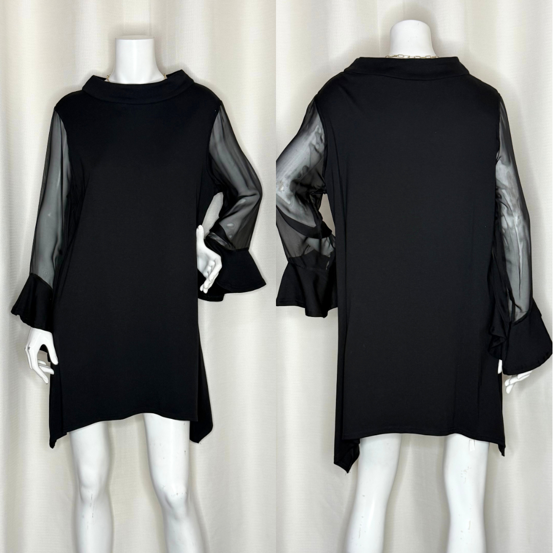 Stylish Black Dress with Sheer Sleeves (XL)