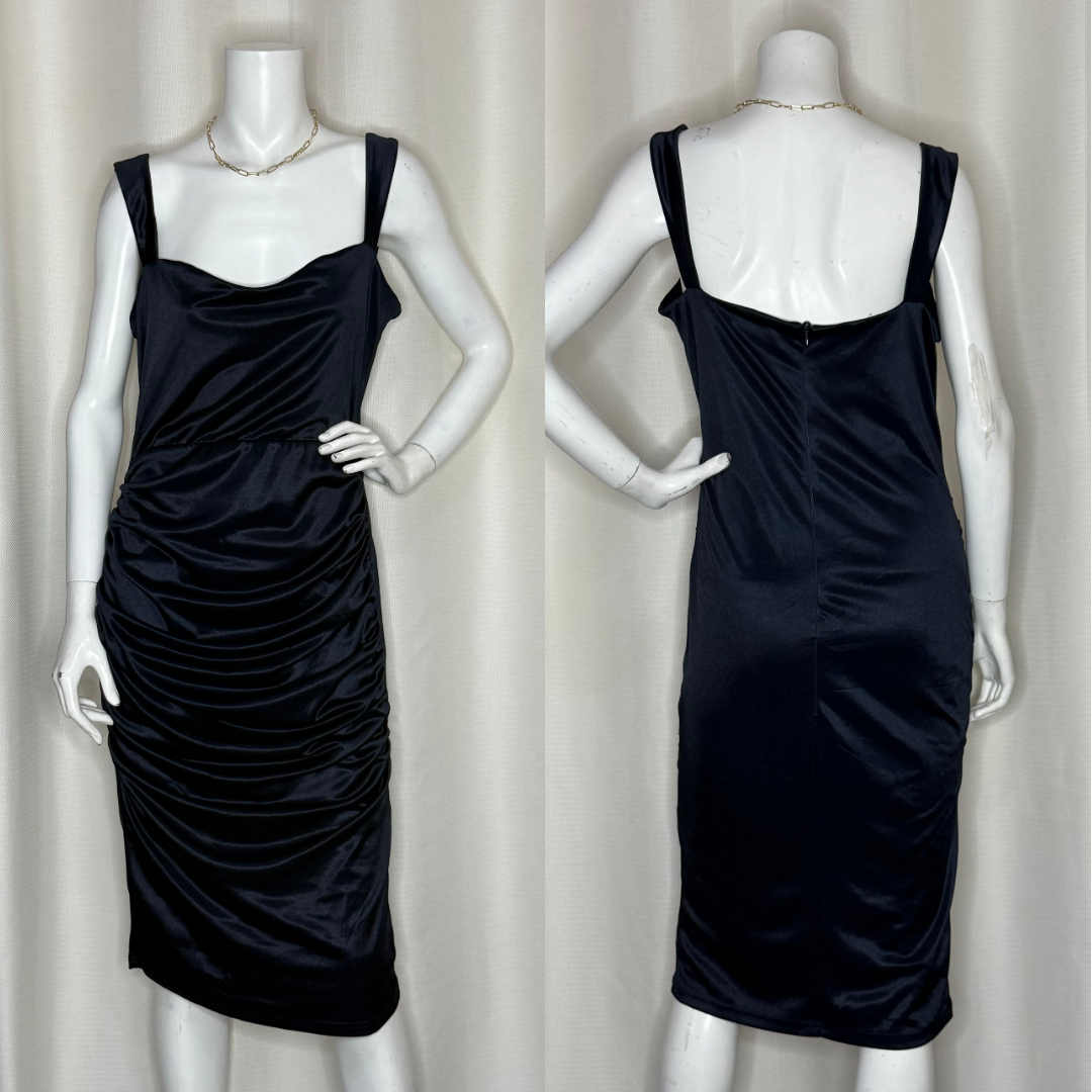 Chic Black Satin Ruched Dress (UK 16)