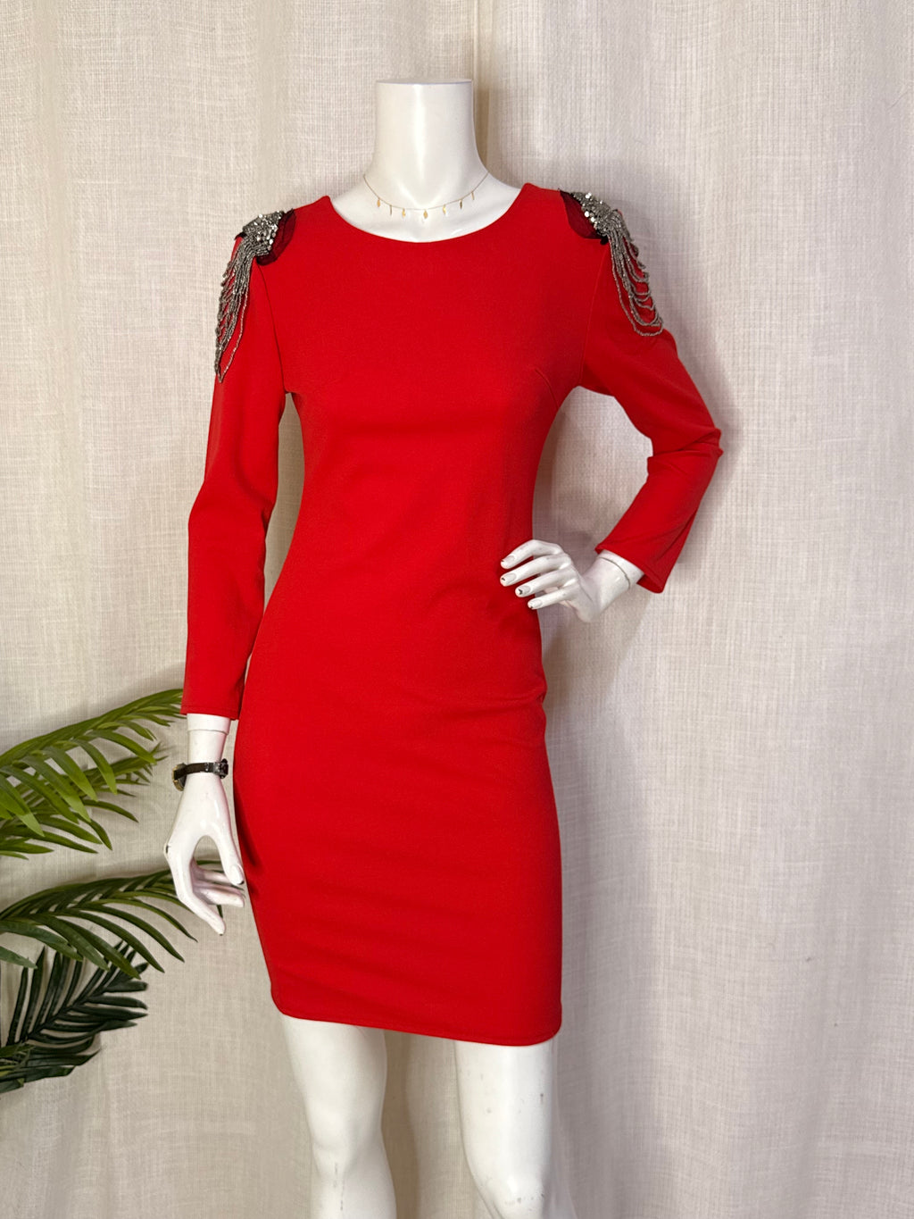Italian Beaded Fringe Shoulder Red Bodycon Mini Dress – UK 10 / Medium