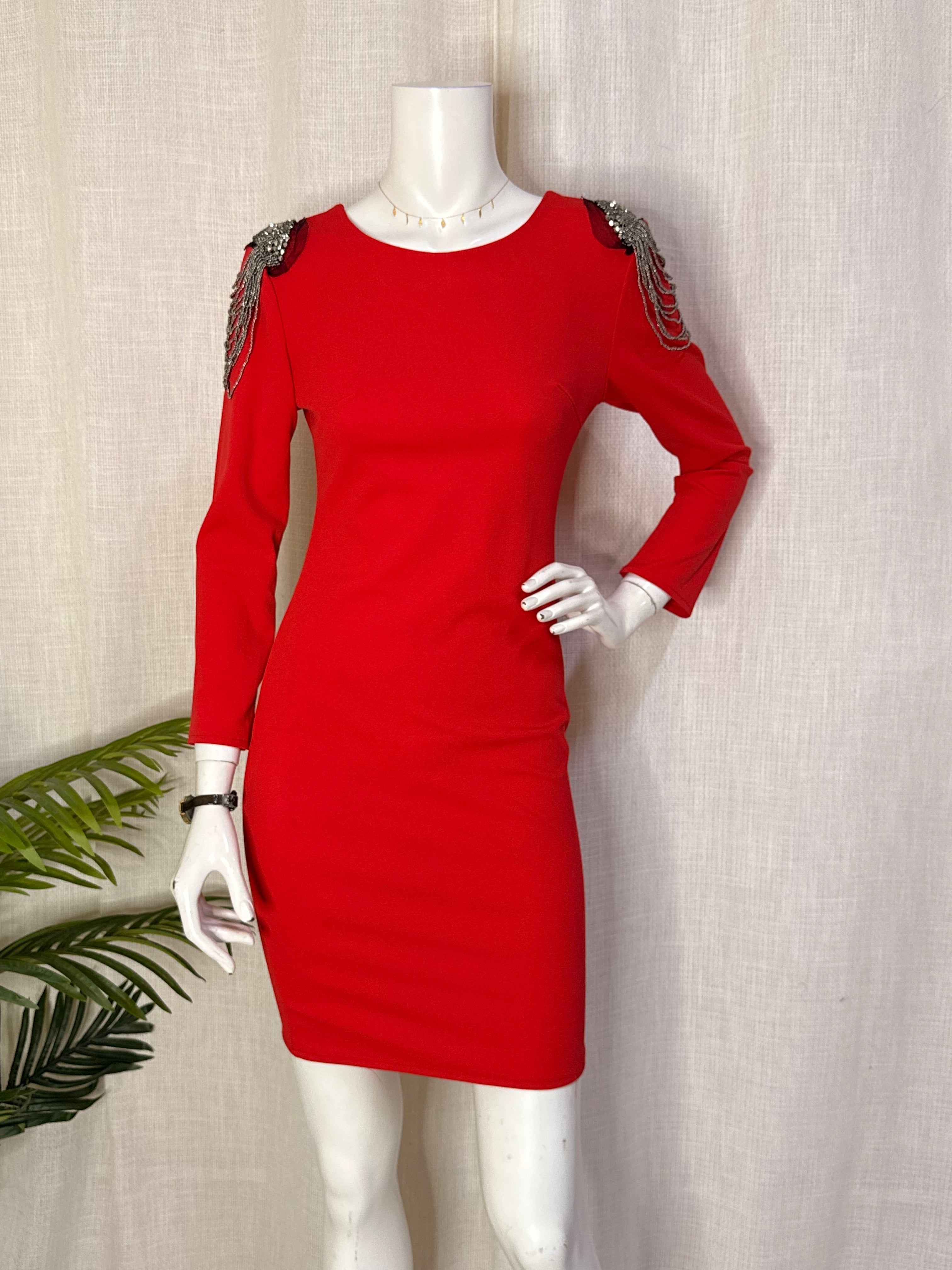 Italian Beaded Fringe Shoulder Red Bodycon Mini Dress – UK 10 / Medium