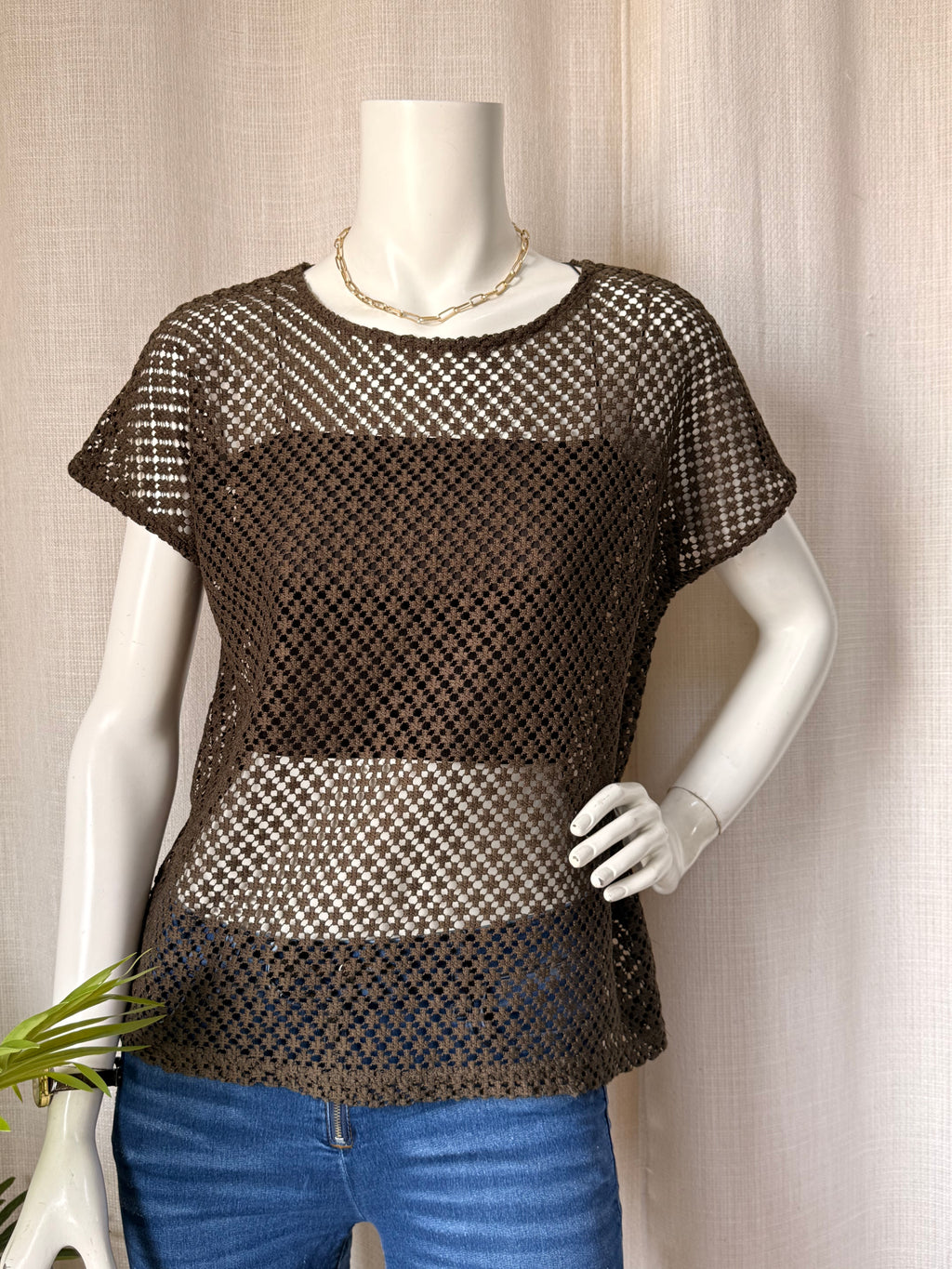 ESMARA Olive Brown Crochet Open Knit Top - Size Small