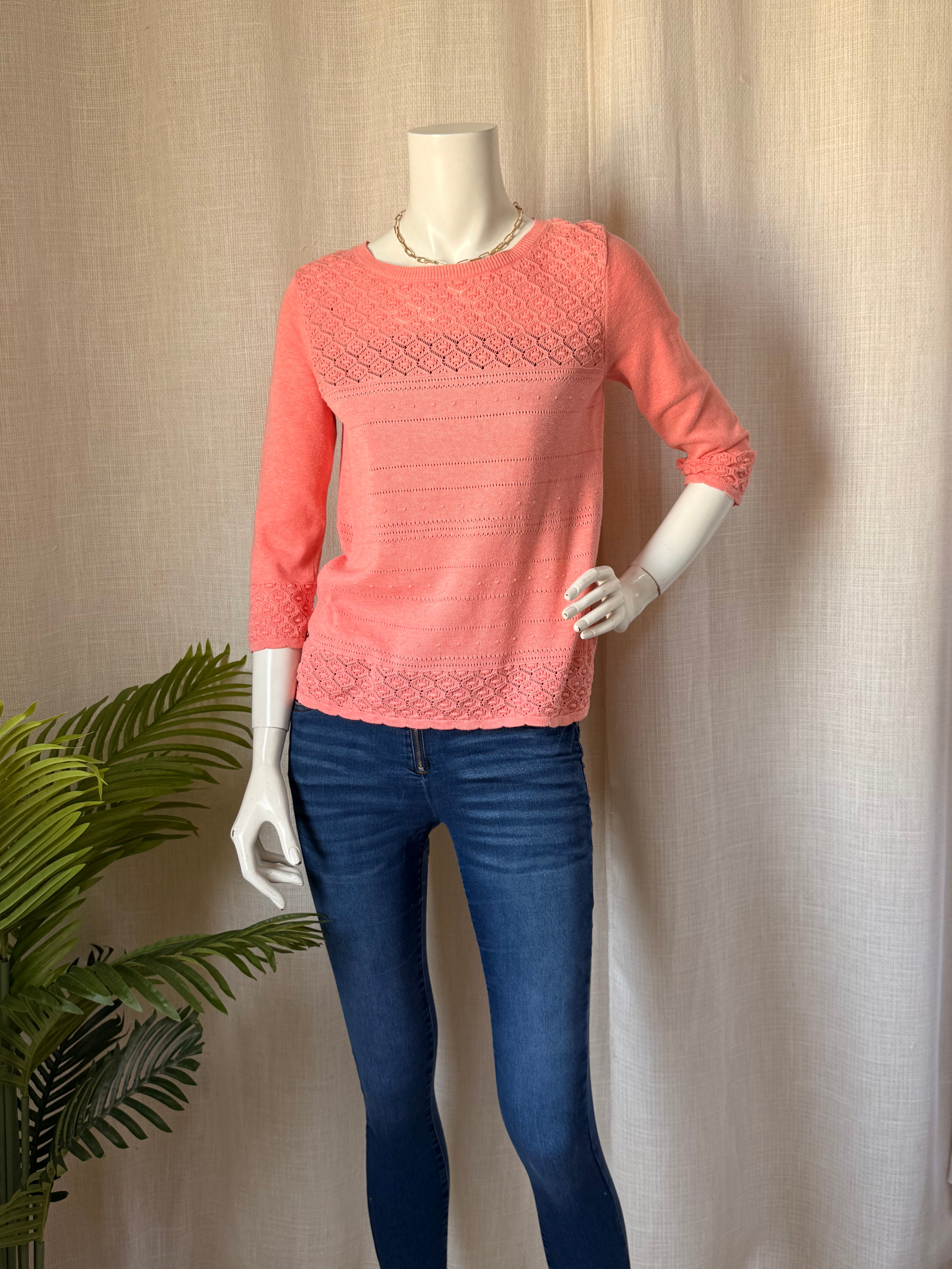 M&S Indigo Collection Salmon Crochet-Detail Knit Top - UK 8
