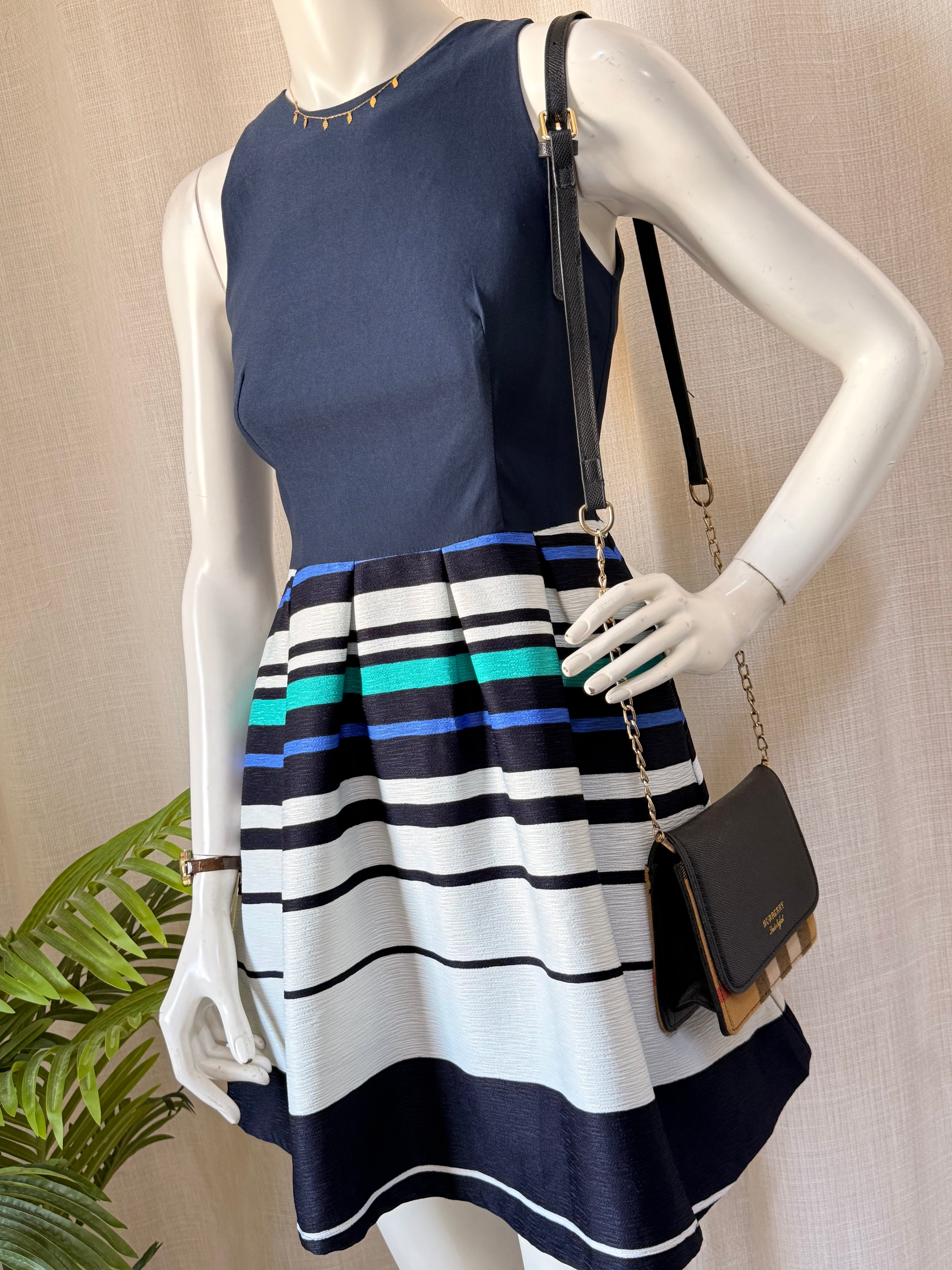 Navy Sleeveless Skater Dress with Vibrant Striped Pleated Skirt - Small