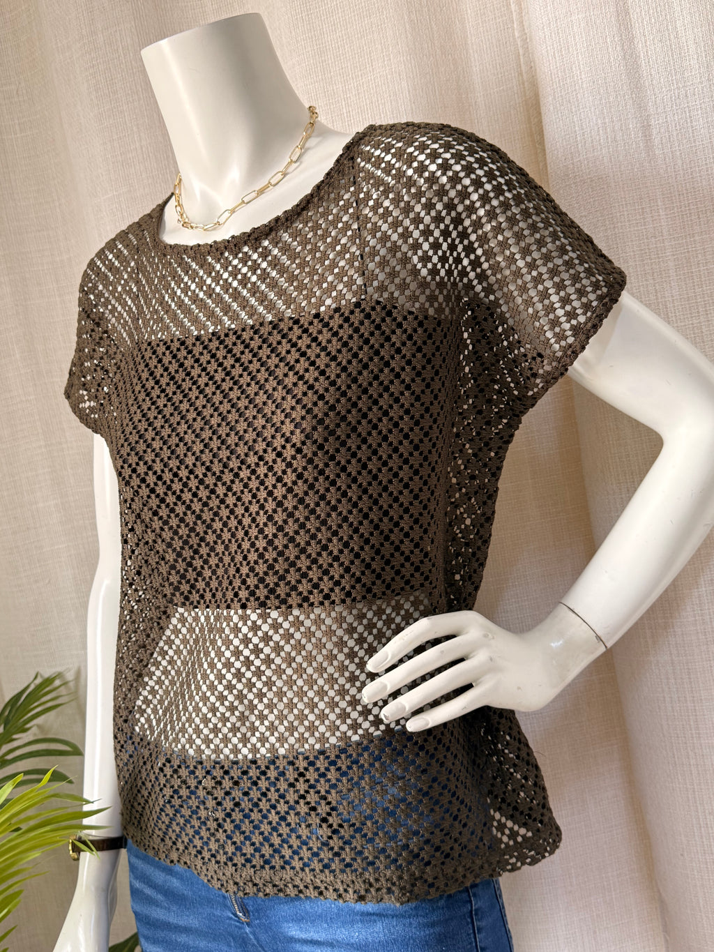 ESMARA Olive Brown Crochet Open Knit Top - Size Small