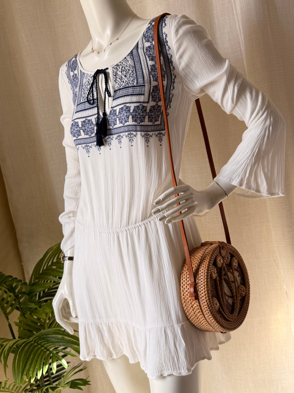 H&M Divided White Boho Embroidered Mini Dress - Blue Tassel Tie - Size 6 - Festival