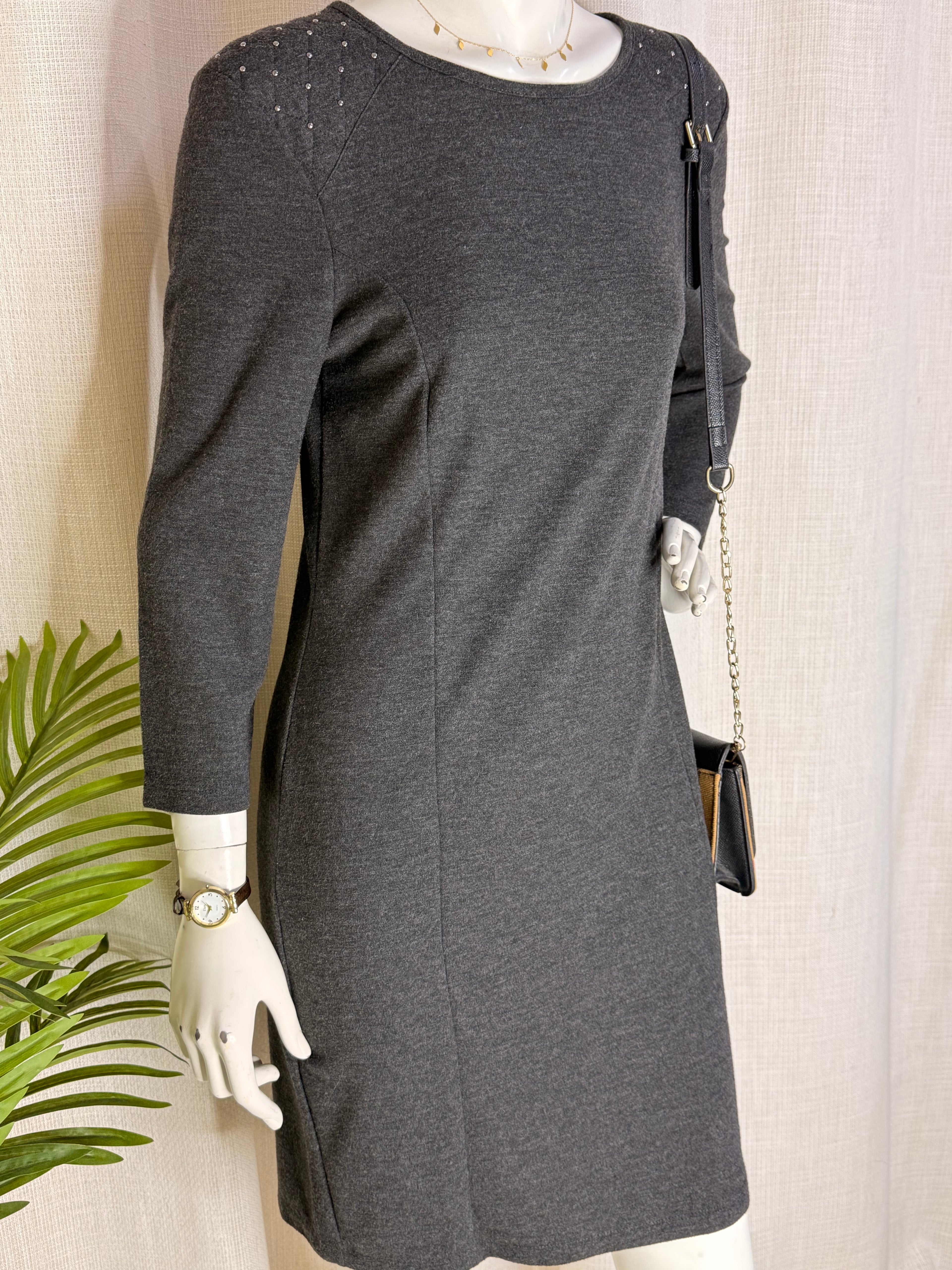 Charcoal Grey 3/4 Sleeve Sheath Dress with Studded Shoulder Details (Good Condition)