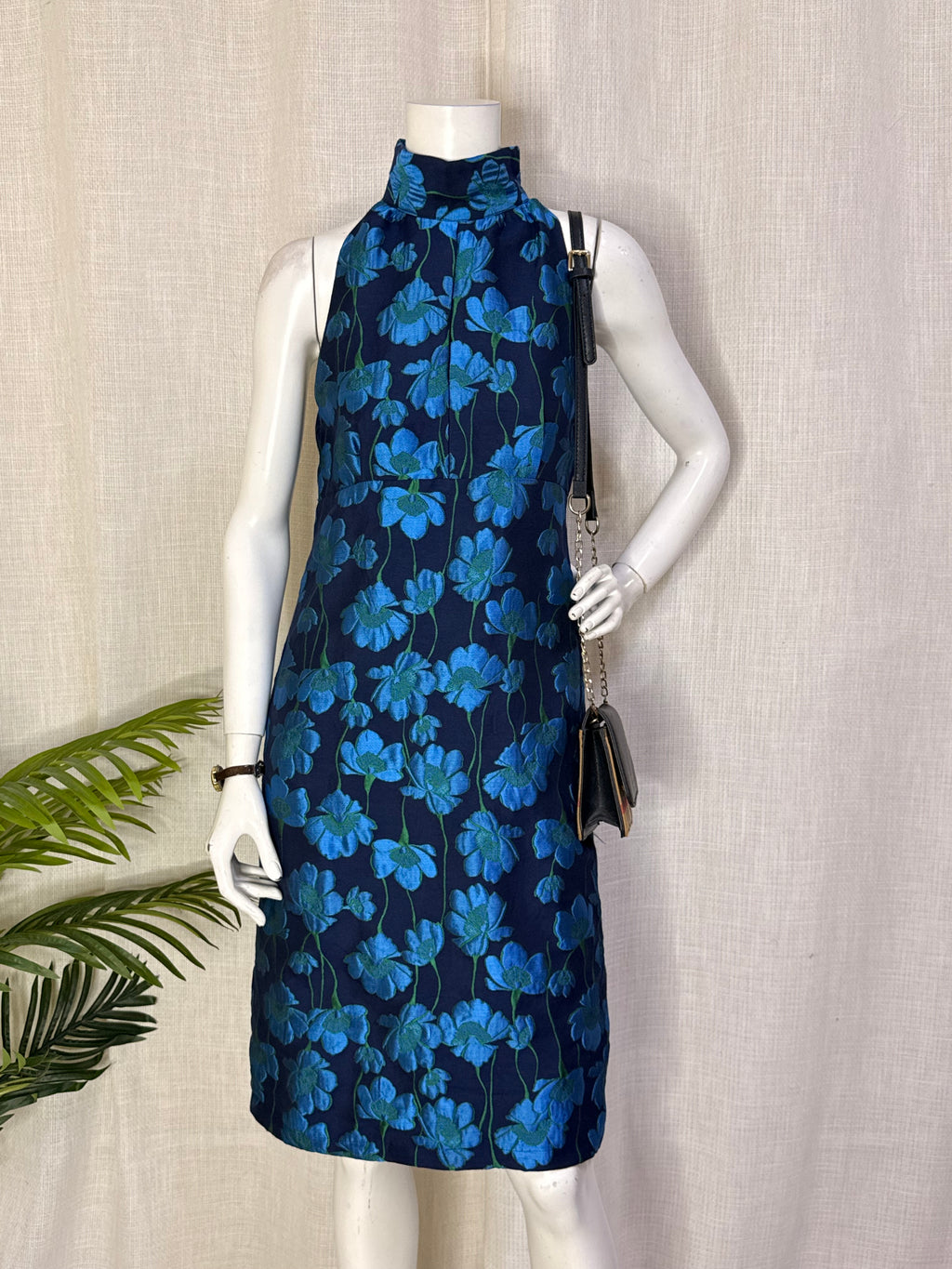 Luxury Navy & Teal Floral Brocade Halter Mock Neck Midi Dress – UK 10 / Medium