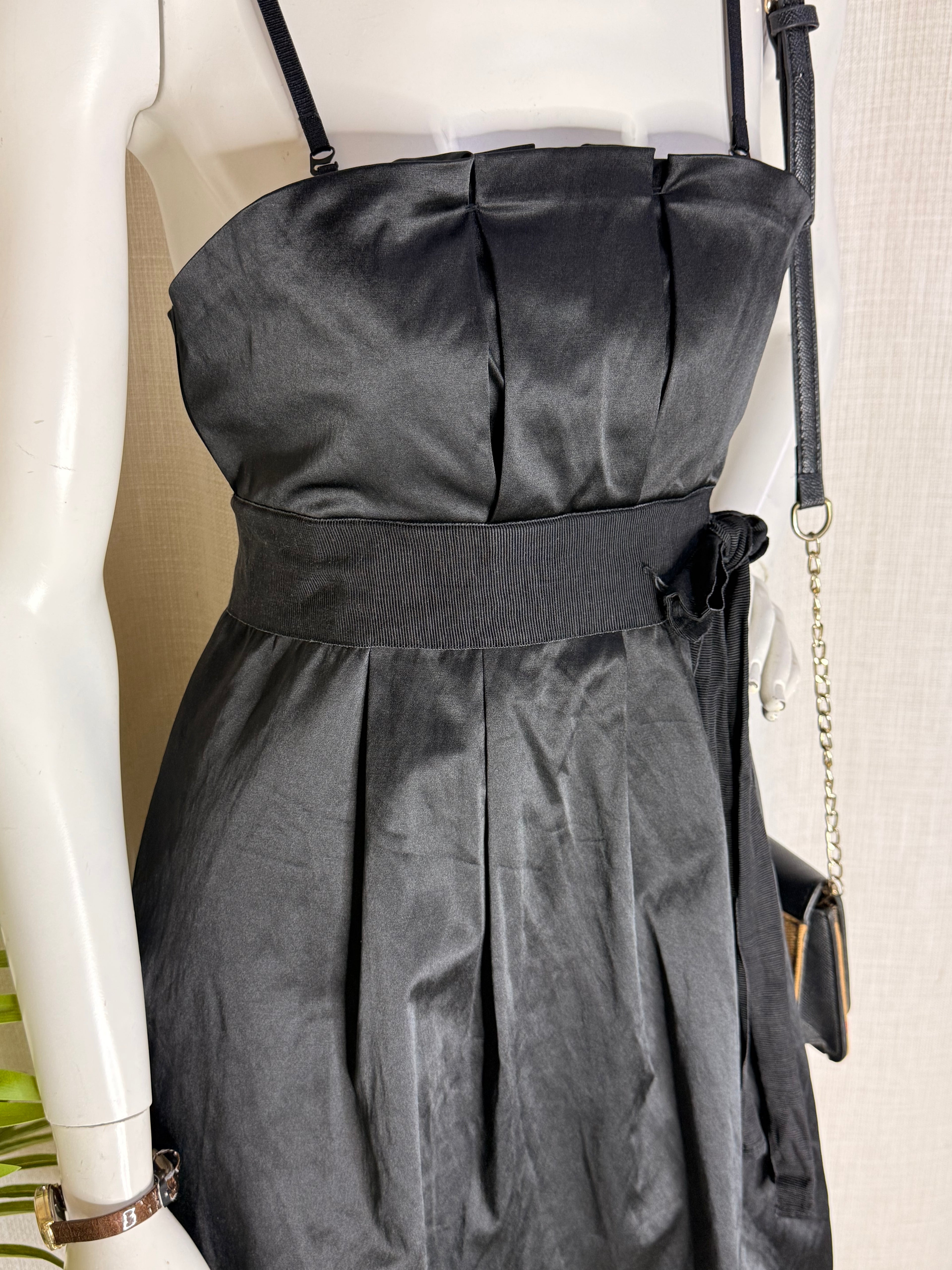 Morgan De Toi Black Satin Cocktail Mini Dress with Ribbon Tie – Size Small (Excellent Condition)