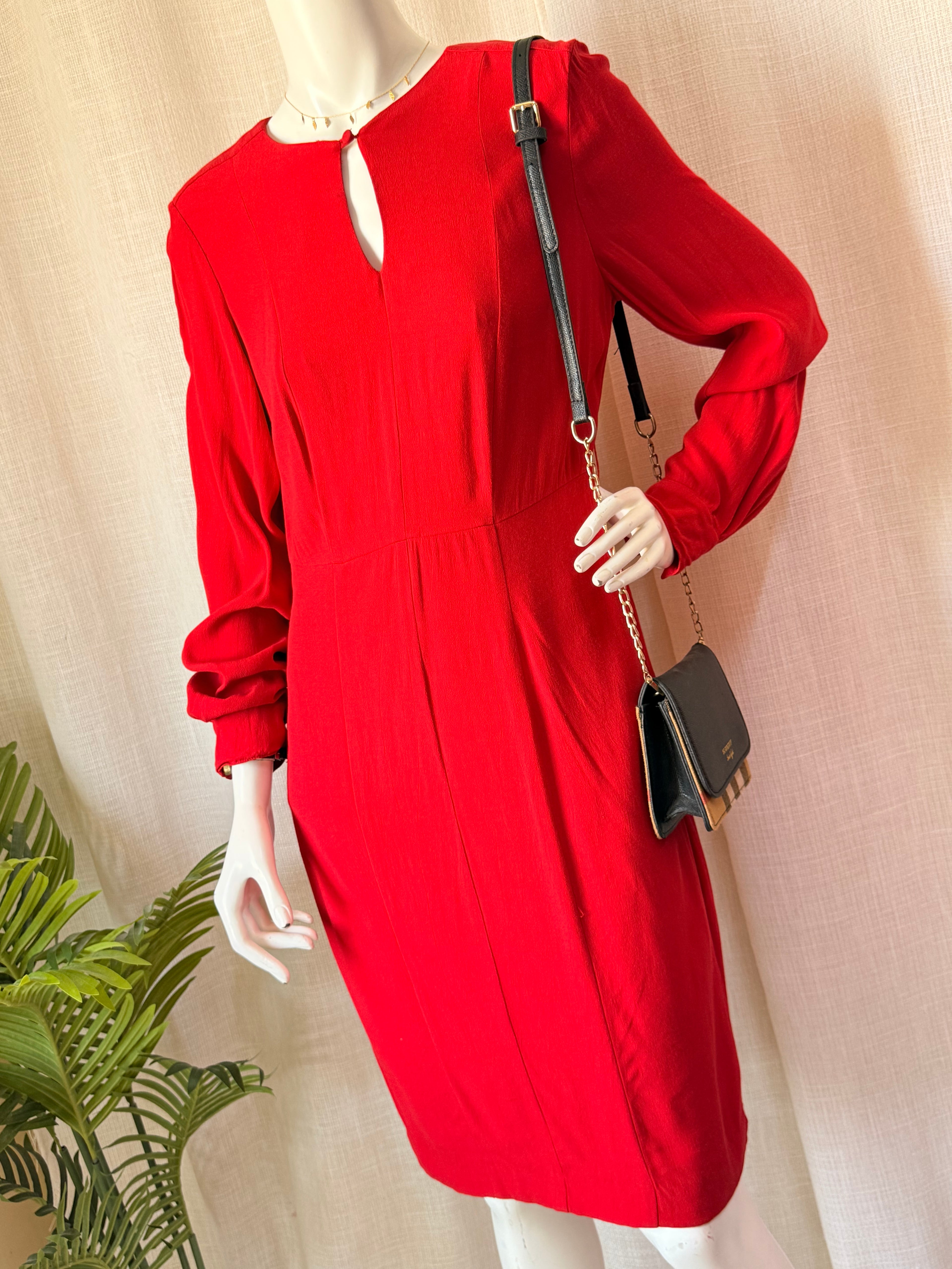 David Lawrence Red Long Sleeve Keyhole Midi Dress (Size AU/UK 10)