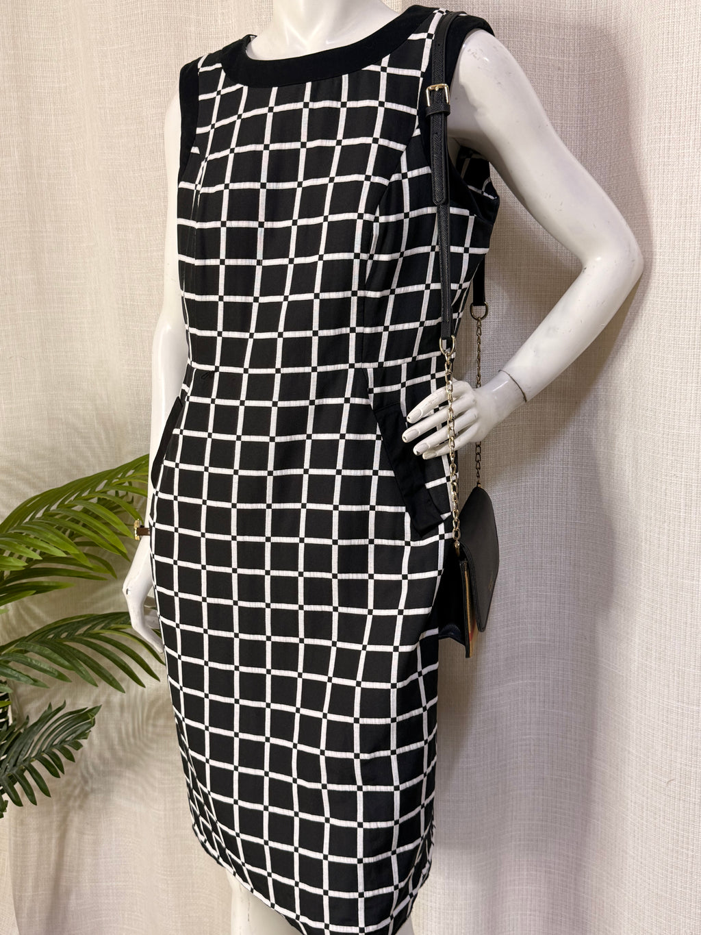 Principles by Ben de Lisi Black & White Grid Check Midi Dress - Size UK 14 Large