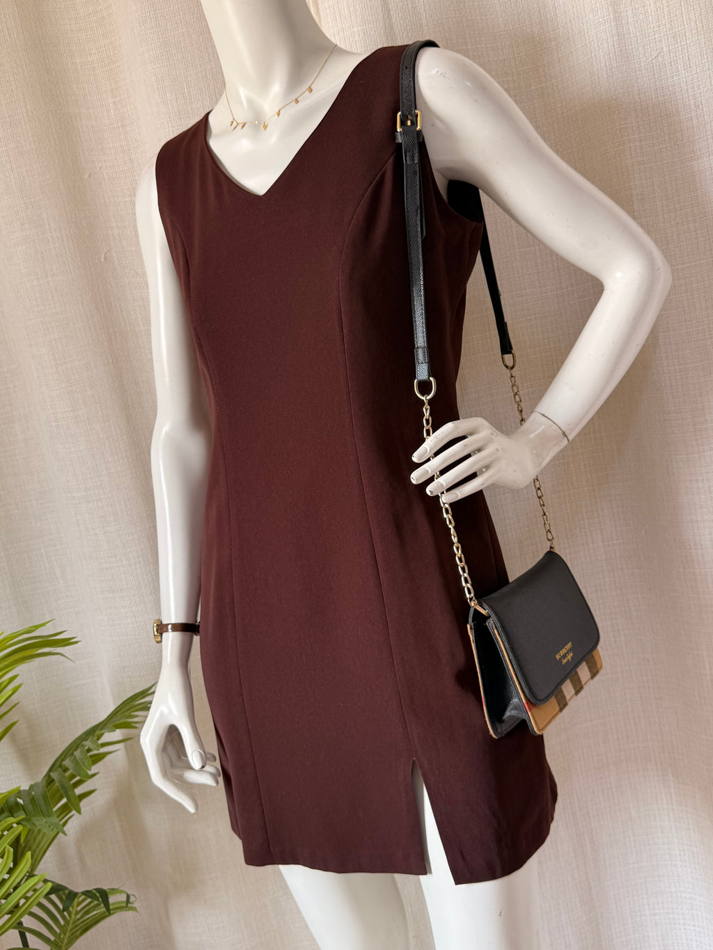 Chocolate Brown V-Neck Mini Dress | Sleeveless Sheath | Bust 36"