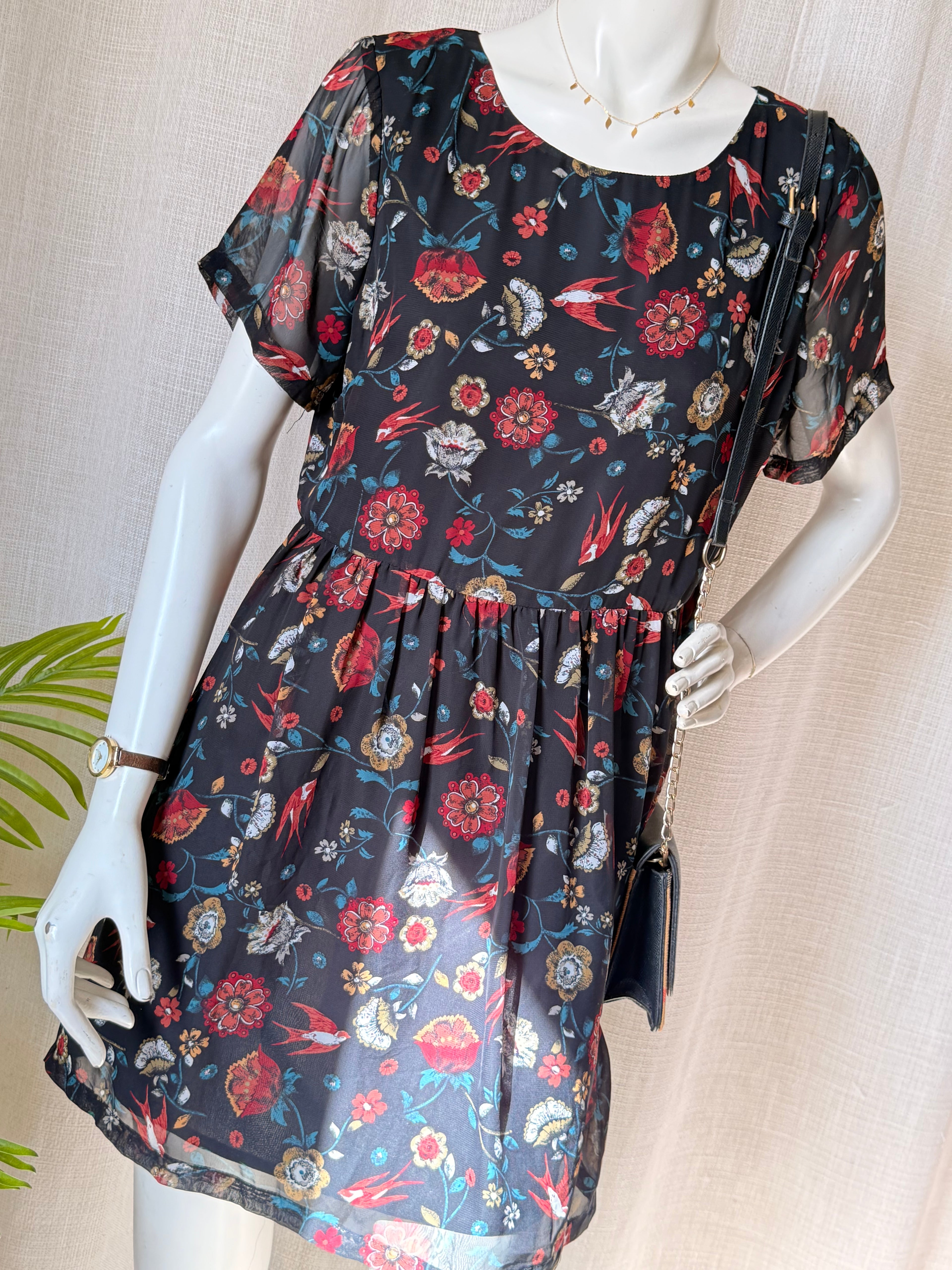 Miss Shop Floral & Bird Print Tea Dress - Swallow Motif Mini - Size 12 (M)