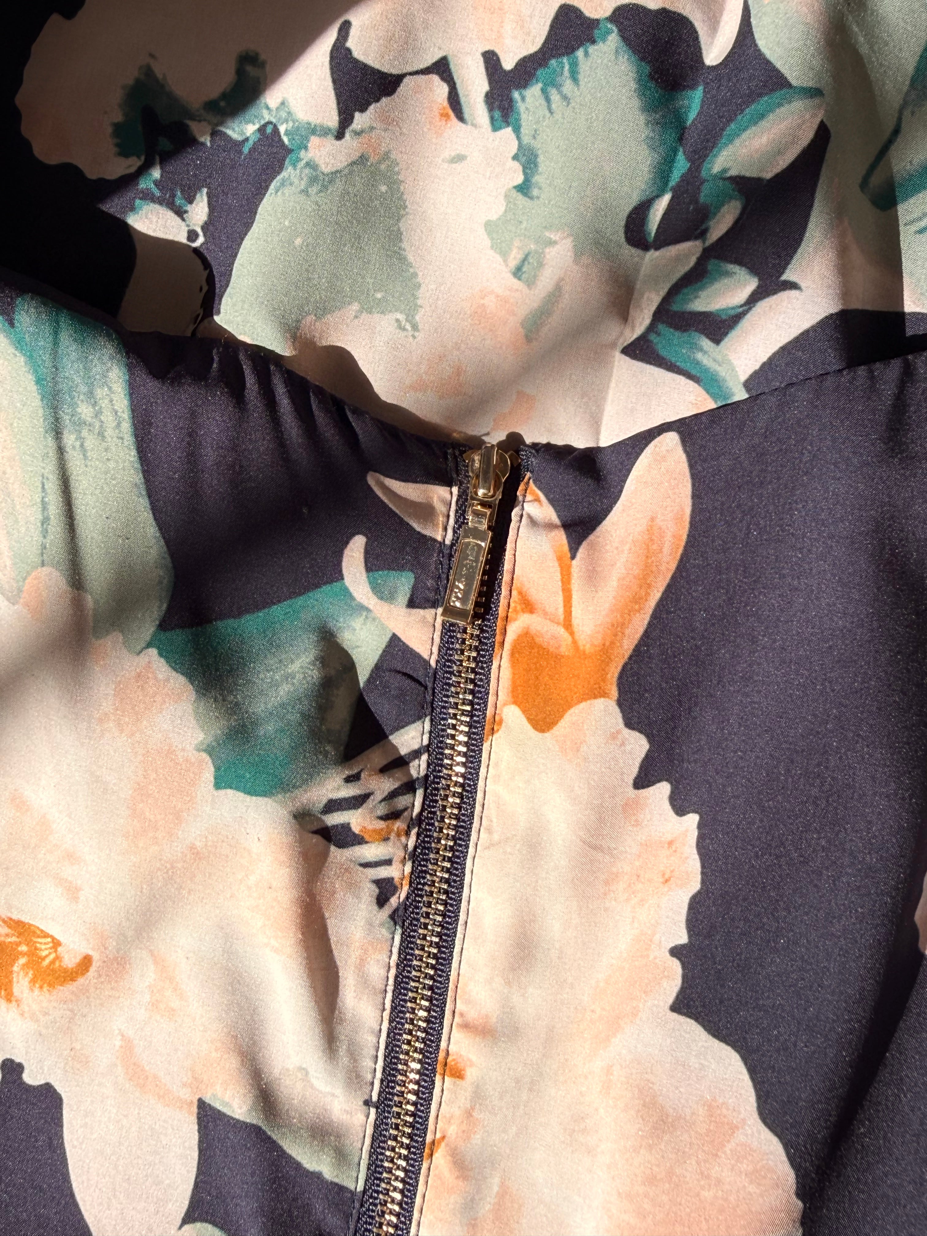 Portmans Floral Faux-Wrap Dress - Navy & Blush Satin Finish - Size 14 (L)