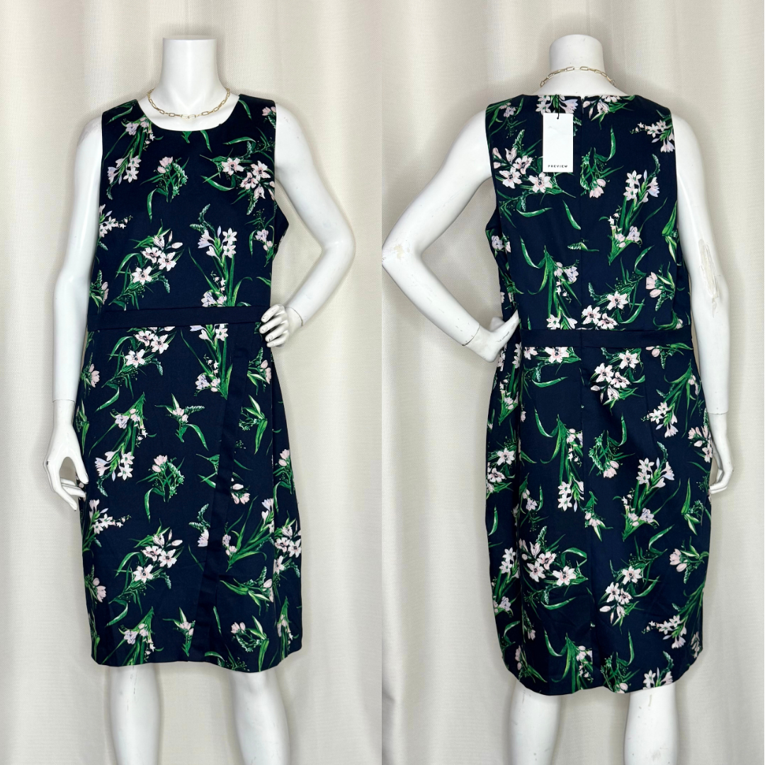 Chic Navy Floral Sleeveless Dress with Belt