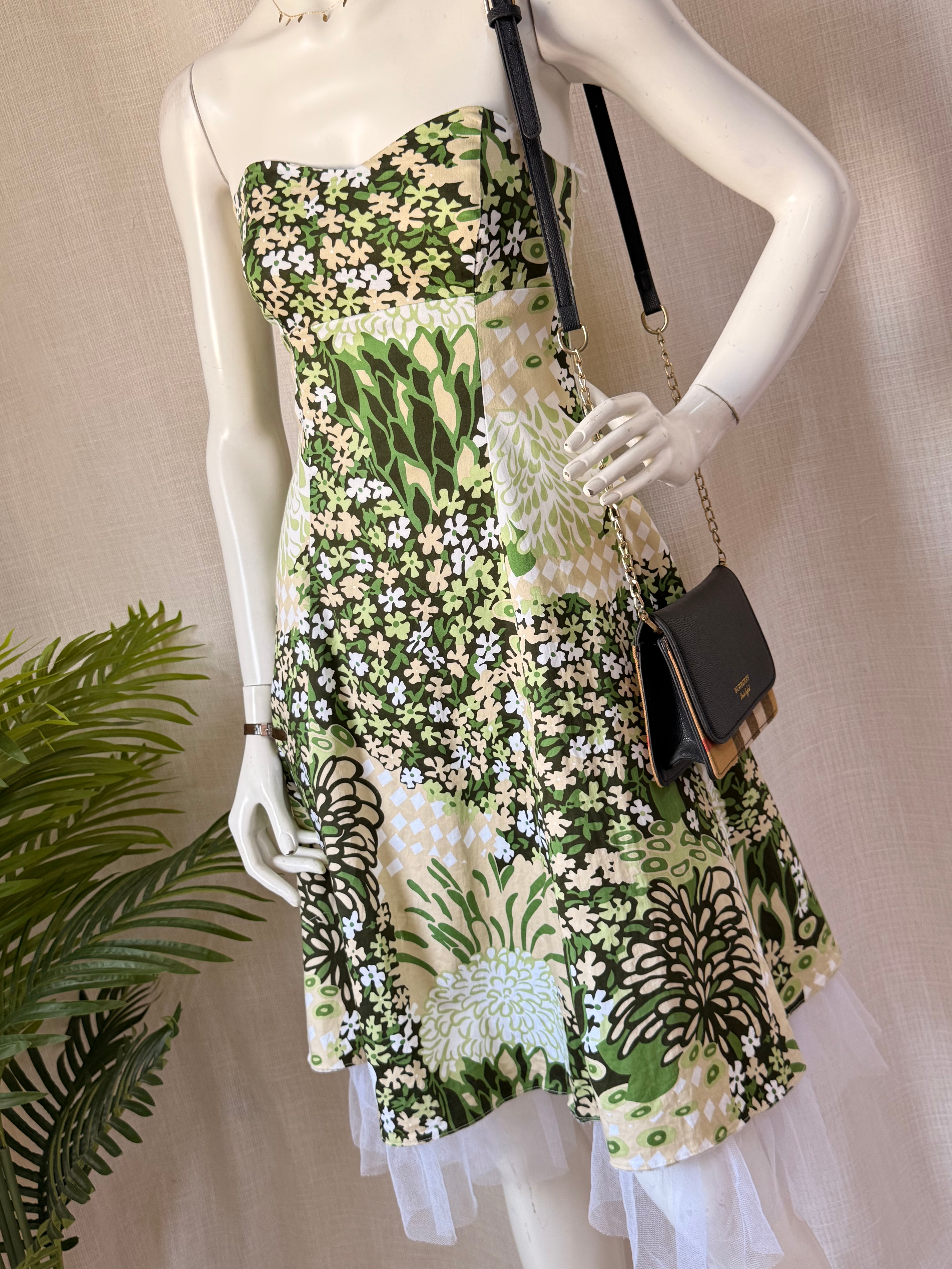 Miss Posh Floral Strapless Sundress with Tulle Trim - Green Retro Print - Size 10