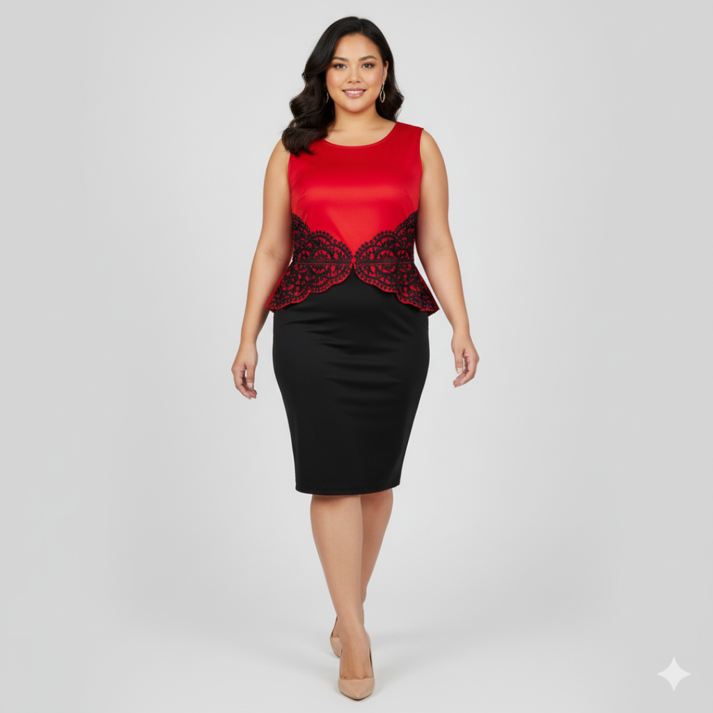 Jolie Moi Black & Red Lace Peplum Dress | UK 16