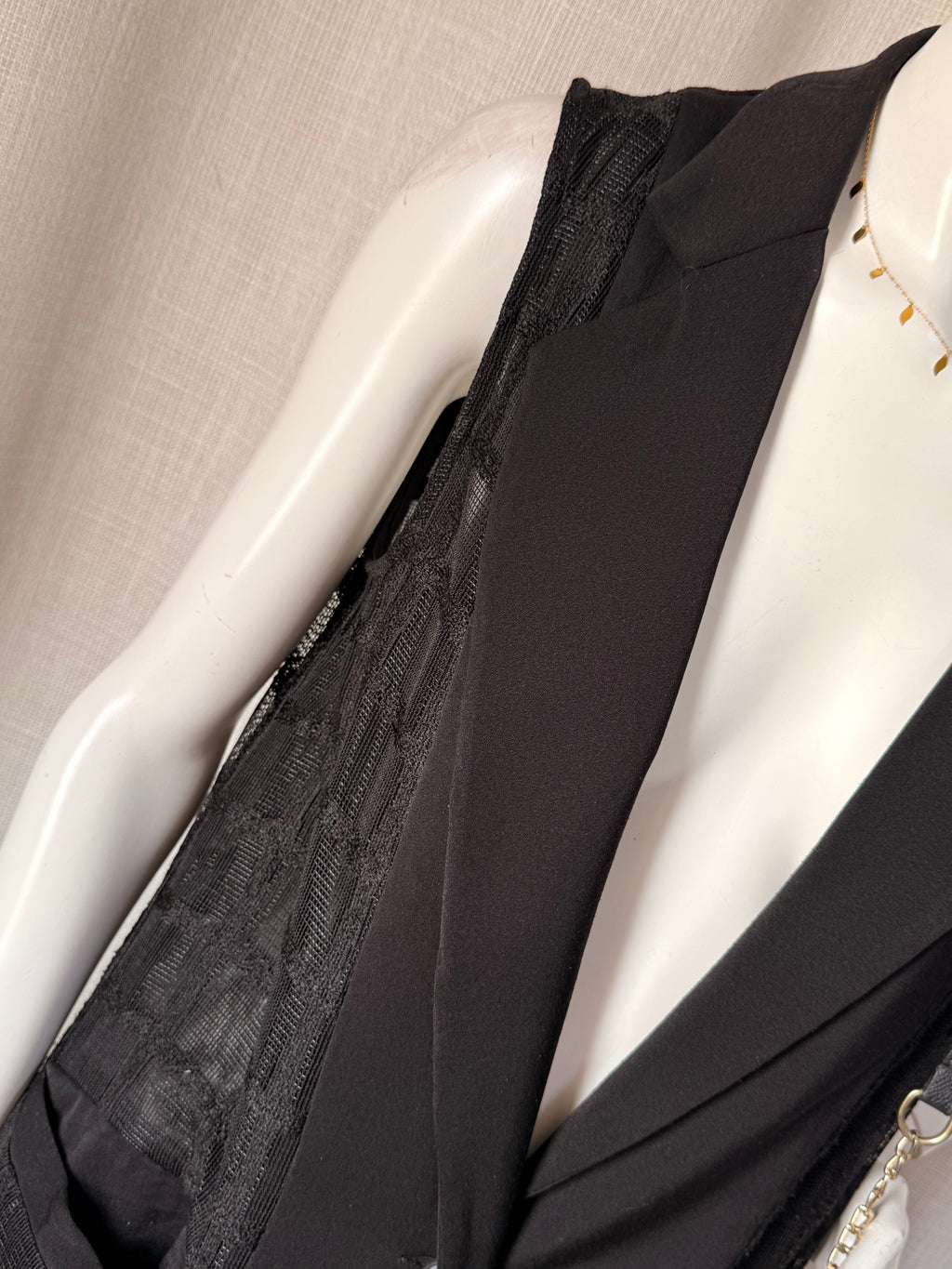 Rocco Collection Black Sleeveless Longline Vest – Size S | Sheer Panel Open Blazer | Elegant Layering Piece