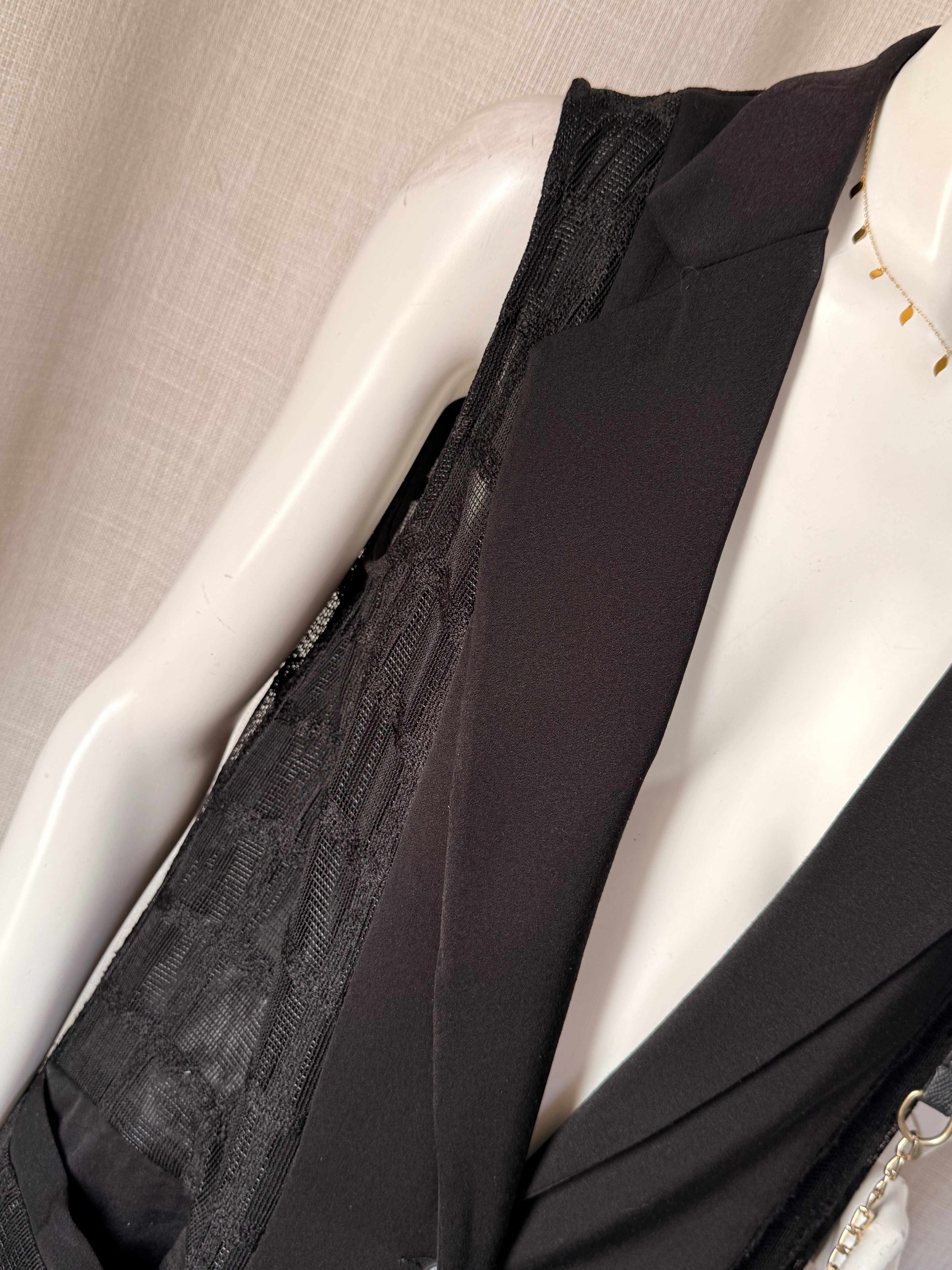 Rocco Collection Black Sleeveless Longline Vest – Size S | Sheer Panel Open Blazer | Elegant Layering Piece