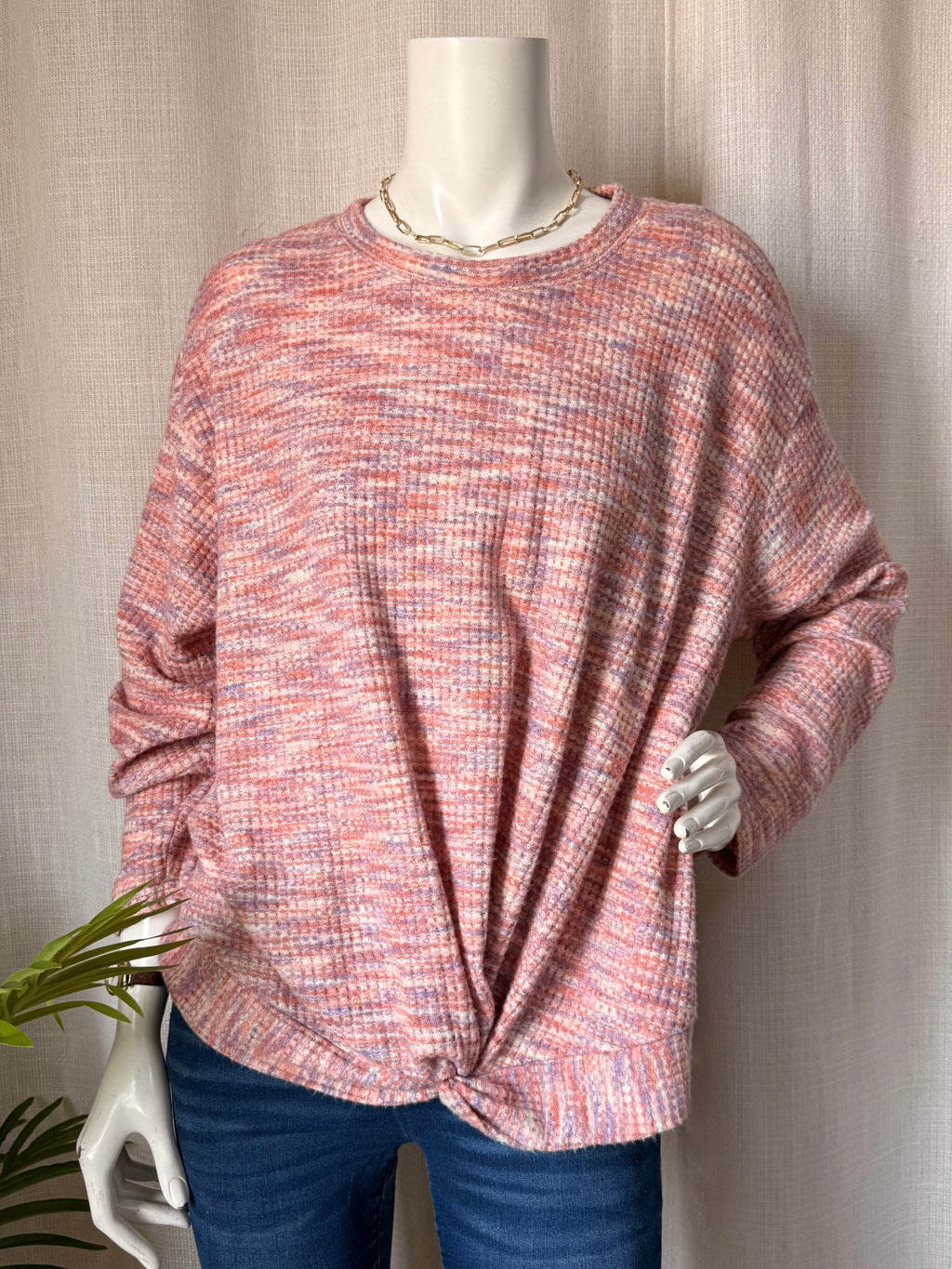 Cozy Pastel Textured Waffle Sweater, Front Twist Accent, Large