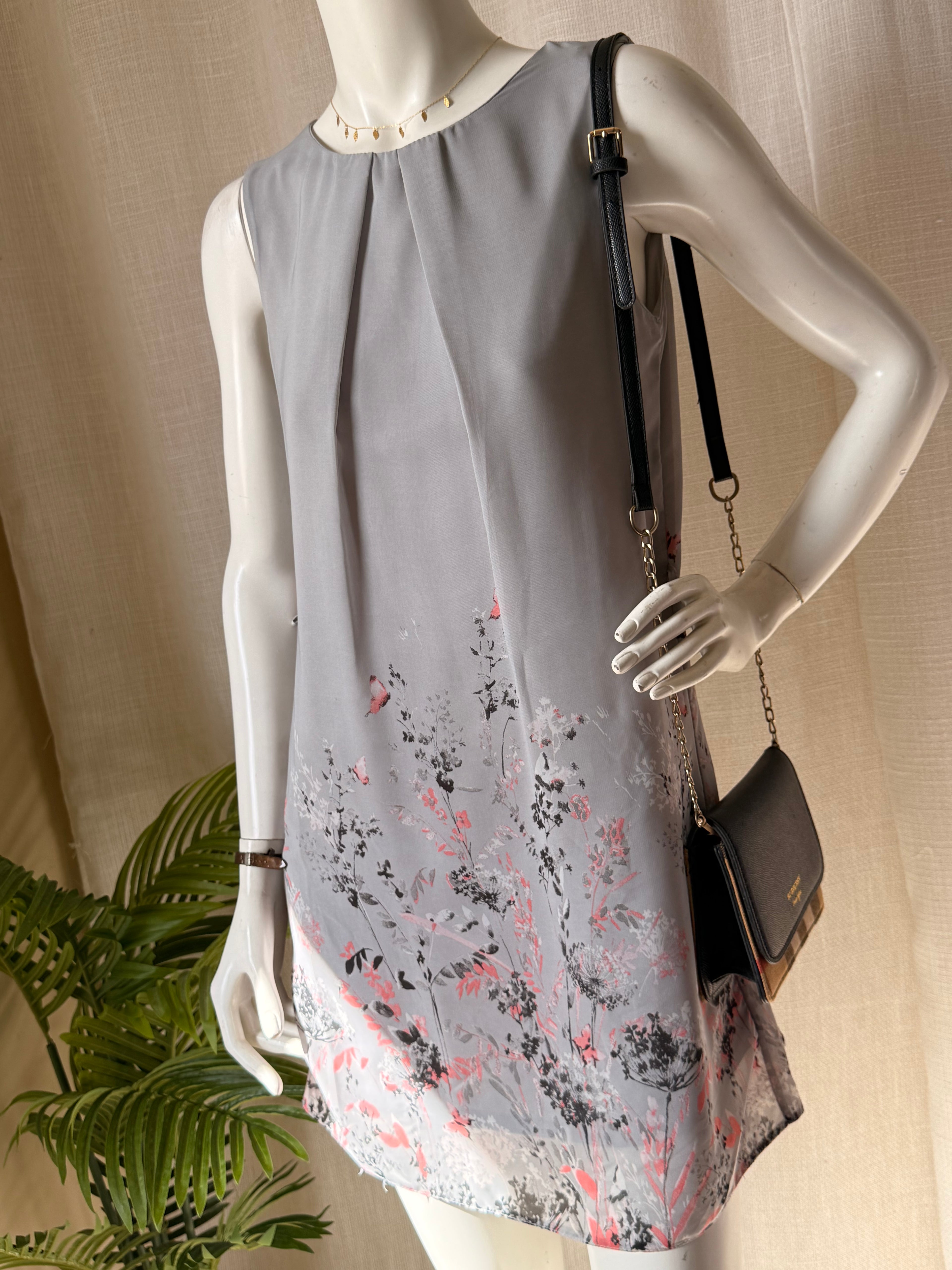 Atmosphere Grey Floral Shift Dress - Pleated Neckline & Butterfly Print - Size 10 (M)