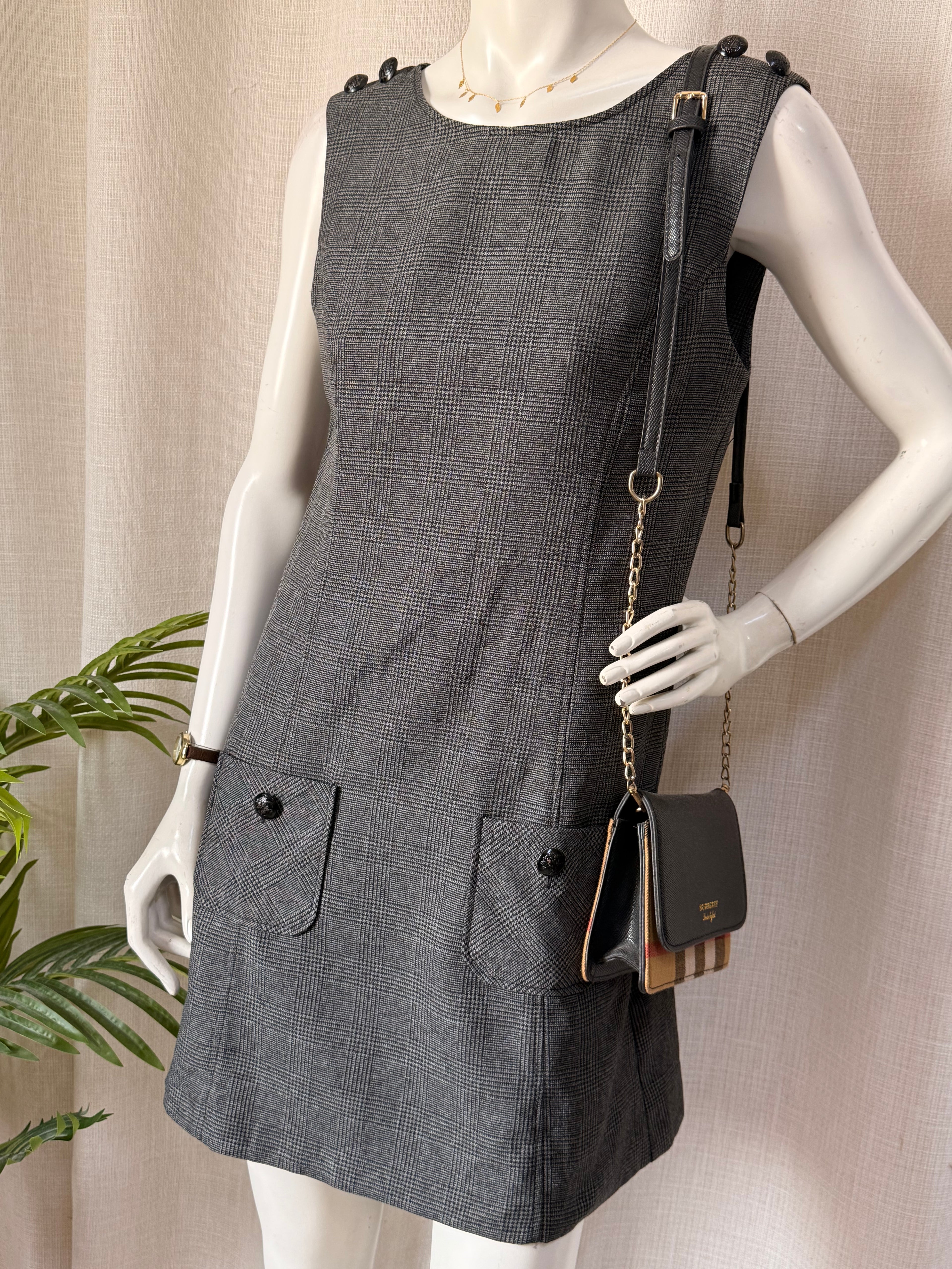 E-vie Grey Glen Plaid Shift Mini Dress with Button Shoulder Detail – UK 10 | Small