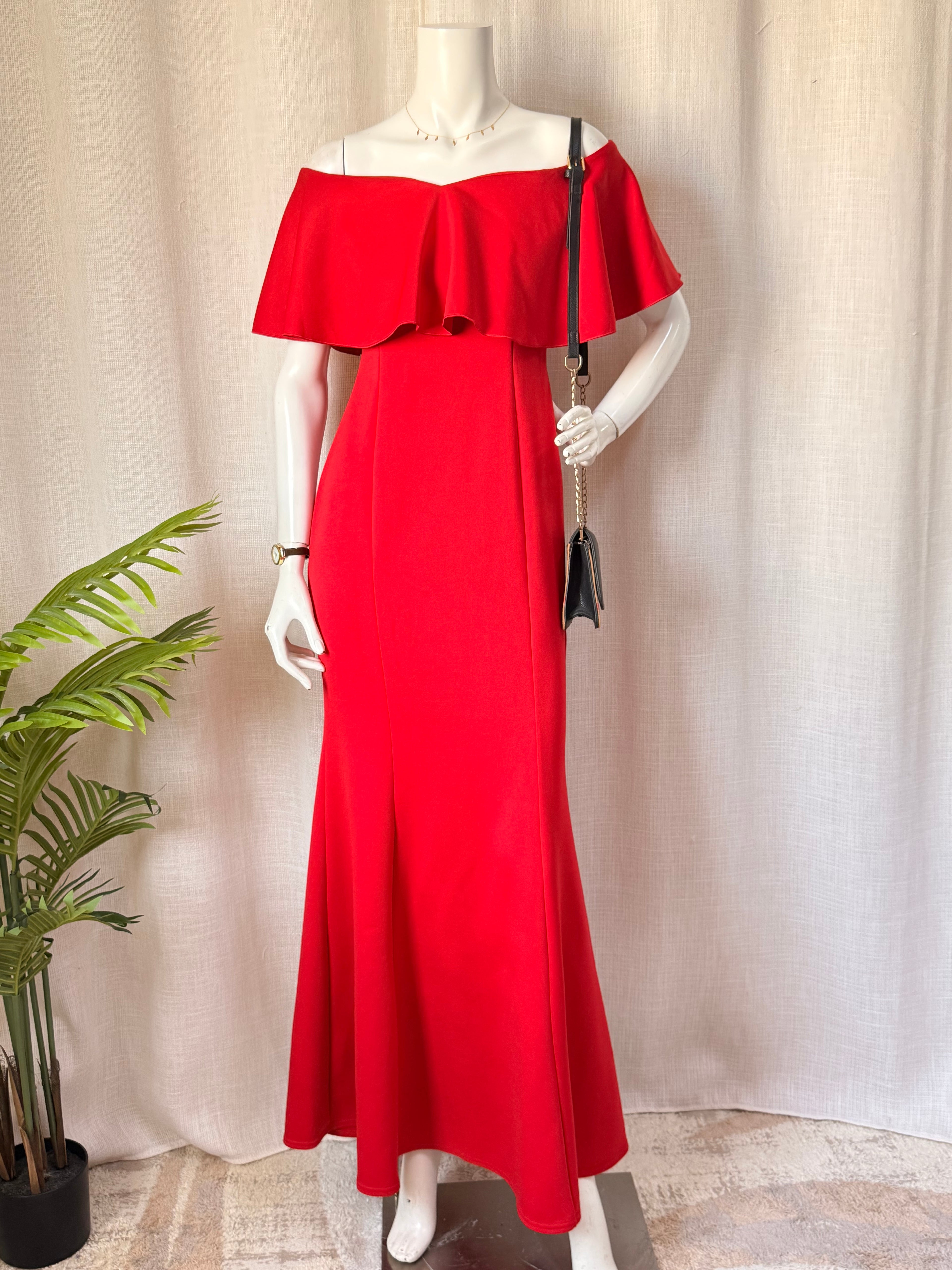 QUIZ Red Off-the-Shoulder Maxi Dress | Bardot Ruffle Evening Gown | UK 14 / EUR 42