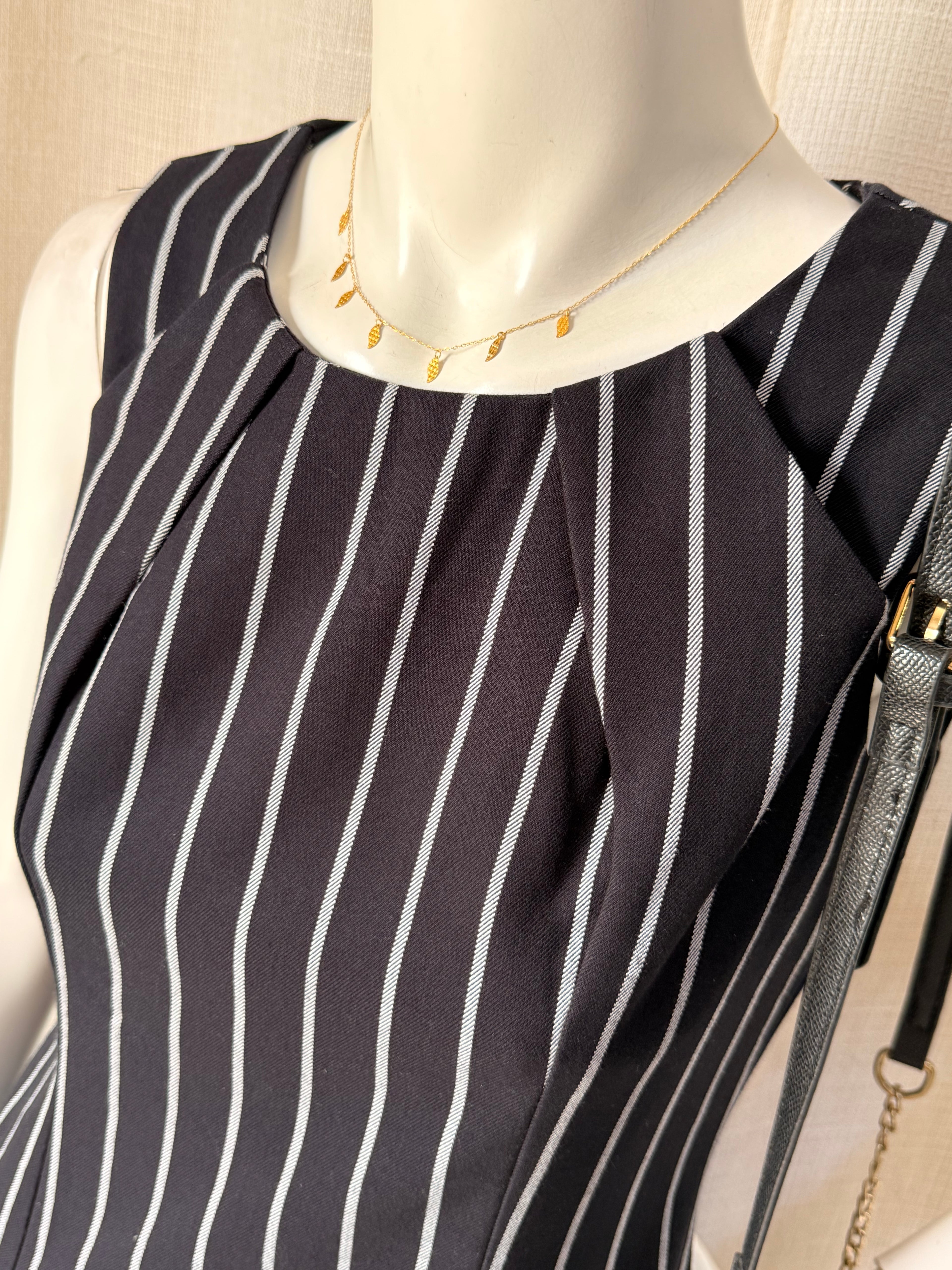ISA Black & White Pinstripe Sleeveless Drop Waist Mini Dress – Size S | Smart Office Dress