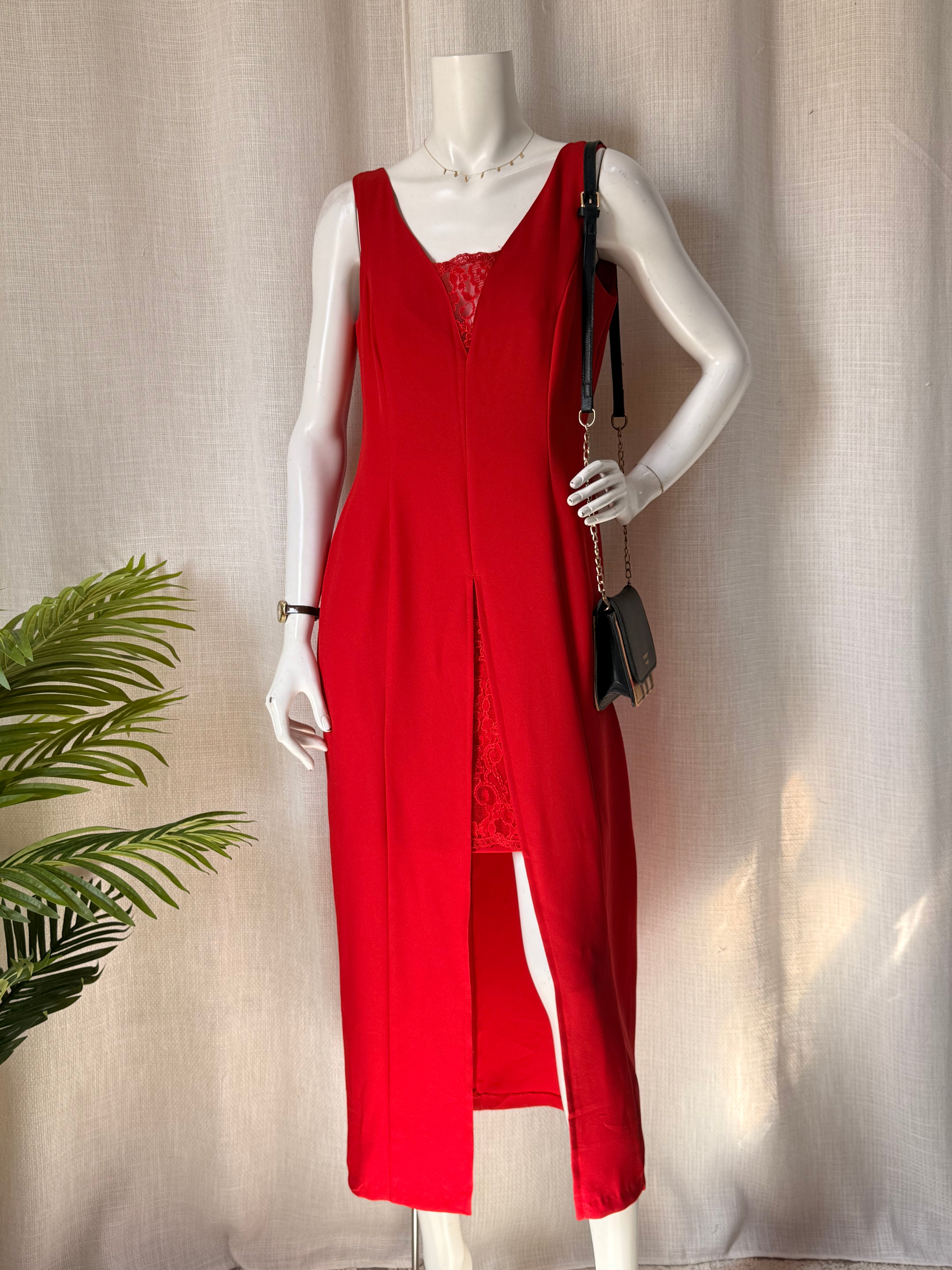 Vintage Lover’s Australia Red Maxi Dress with Lace Underlay - Size M - 90s Formal