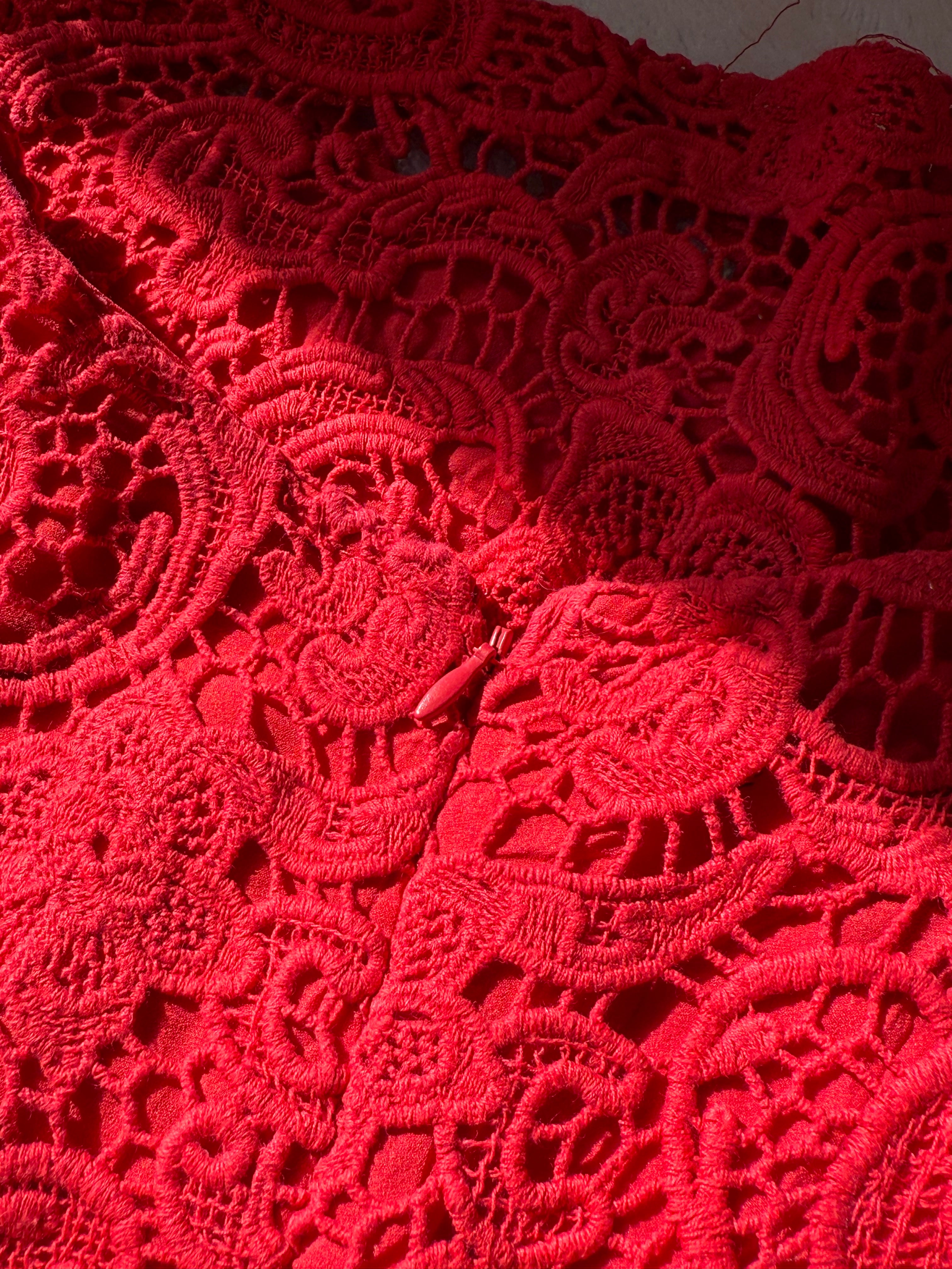 Striking Red Elegance: Pre-loved MANGO Lace Dress (Large)