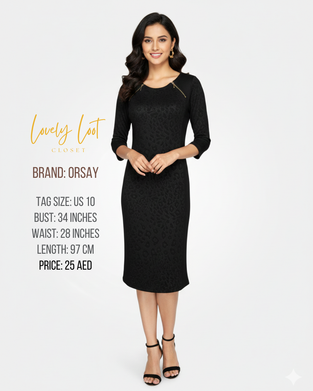 Orsay Black Leopard Jacquard Sheath Dress | 3/4 Sleeve