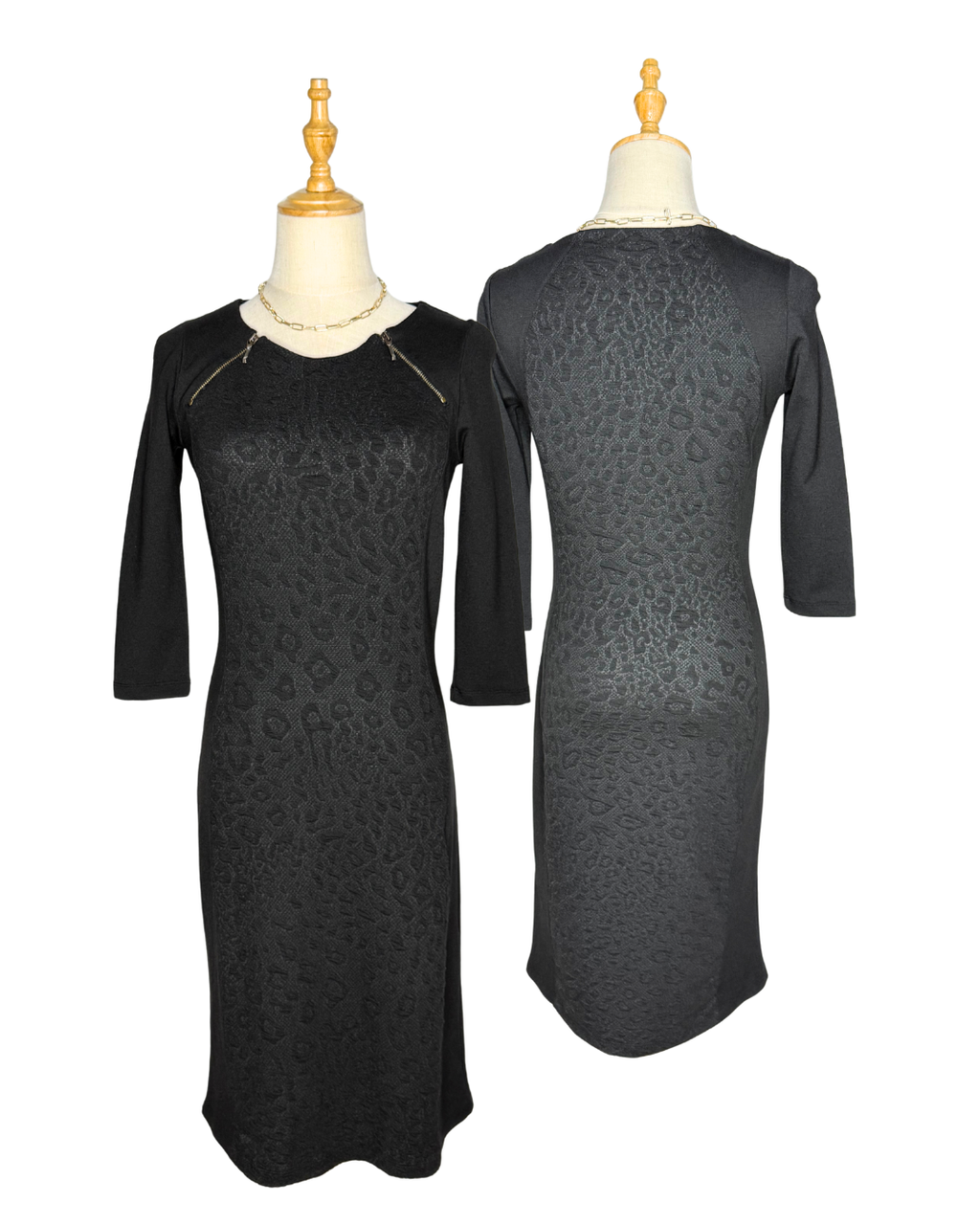 Orsay Black Leopard Jacquard Sheath Dress | 3/4 Sleeve