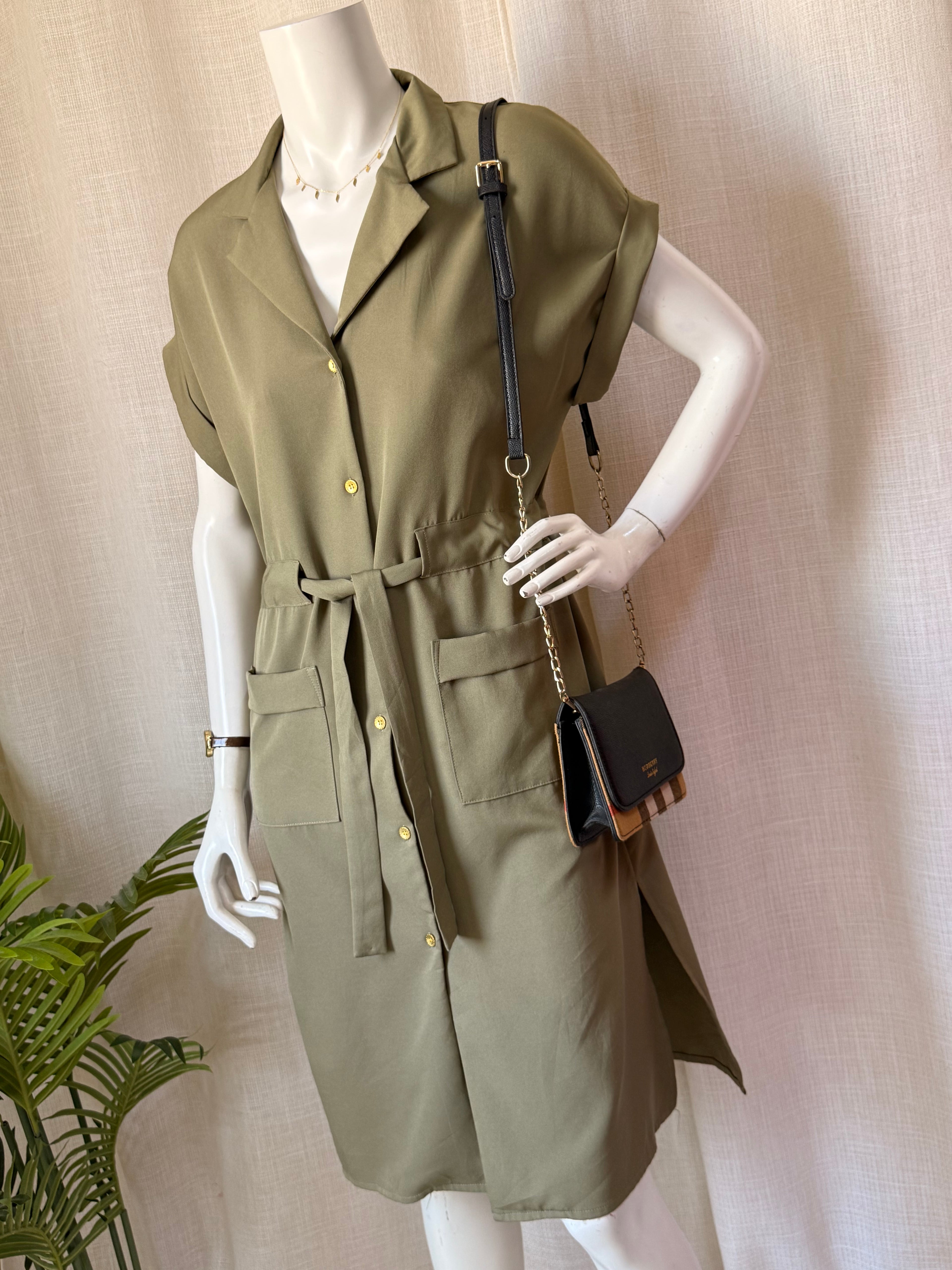 TEMT Collection Olive Green Short Sleeve Button-Down Shirt Dress (Size 8)