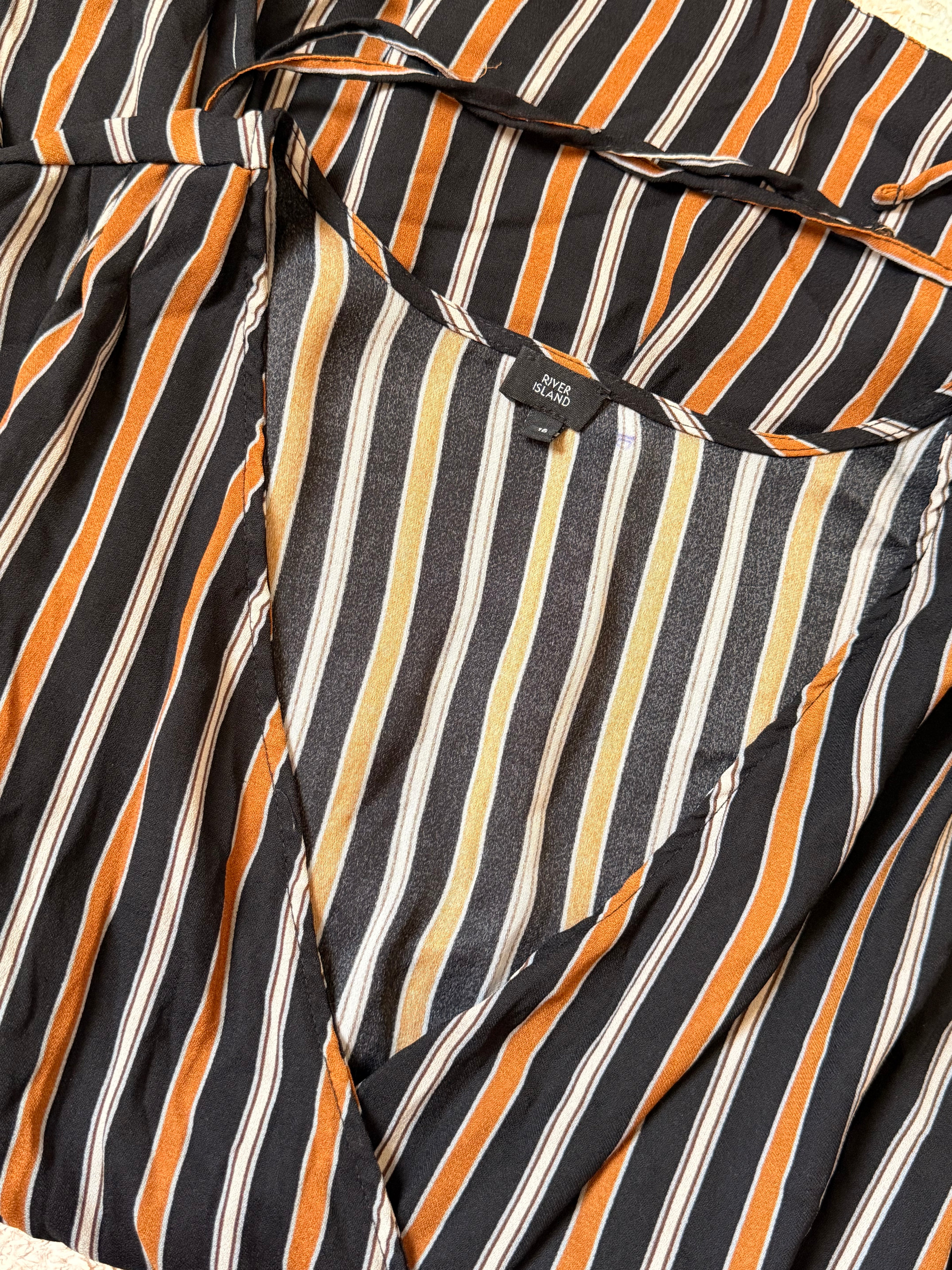 River Island Vertical Stripe Wrap Blouse - Burnt Orange & Black - Size UK 16