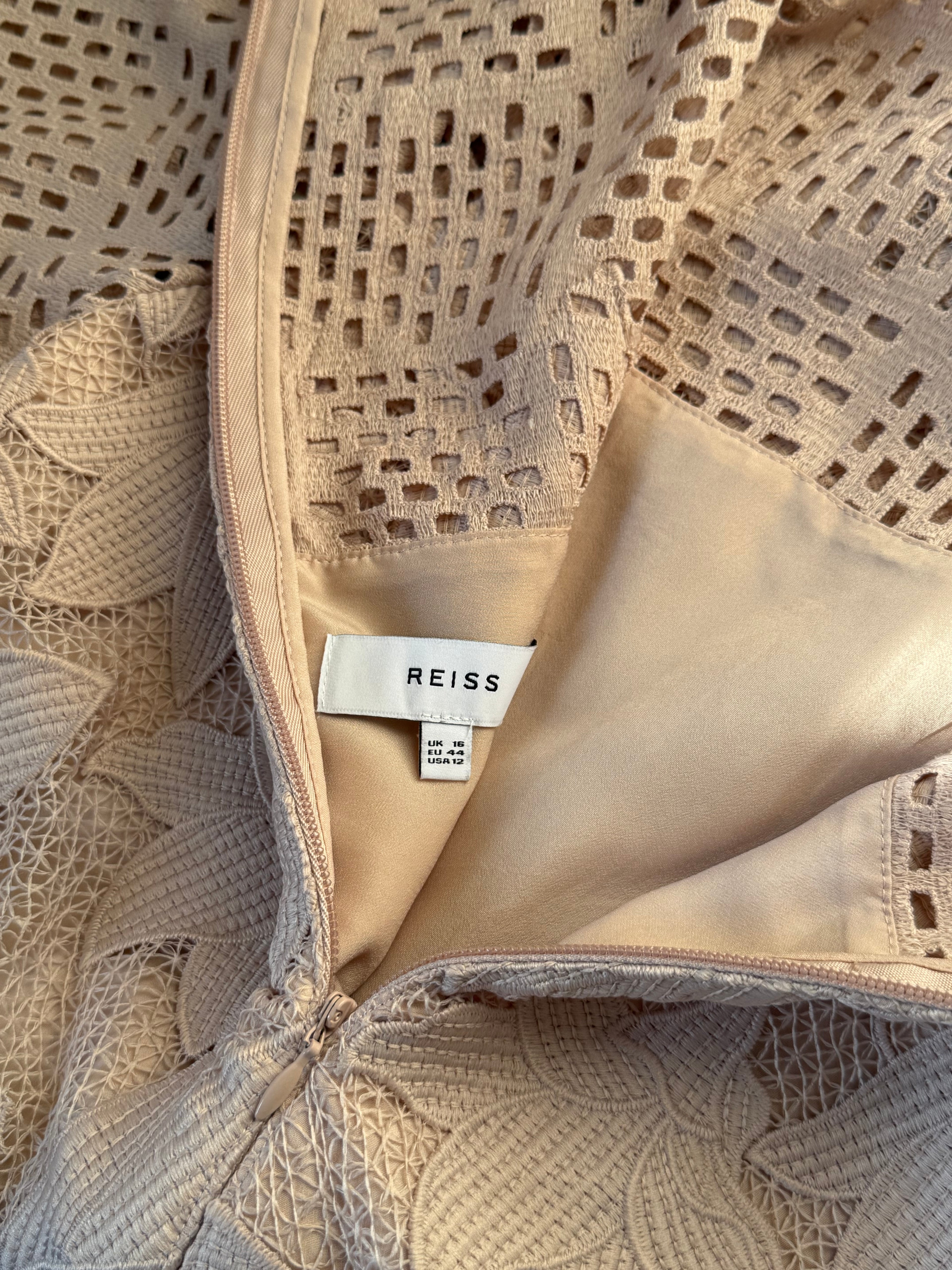 Reiss Nude Crochet Lace Drop Hem Dress | UK 16