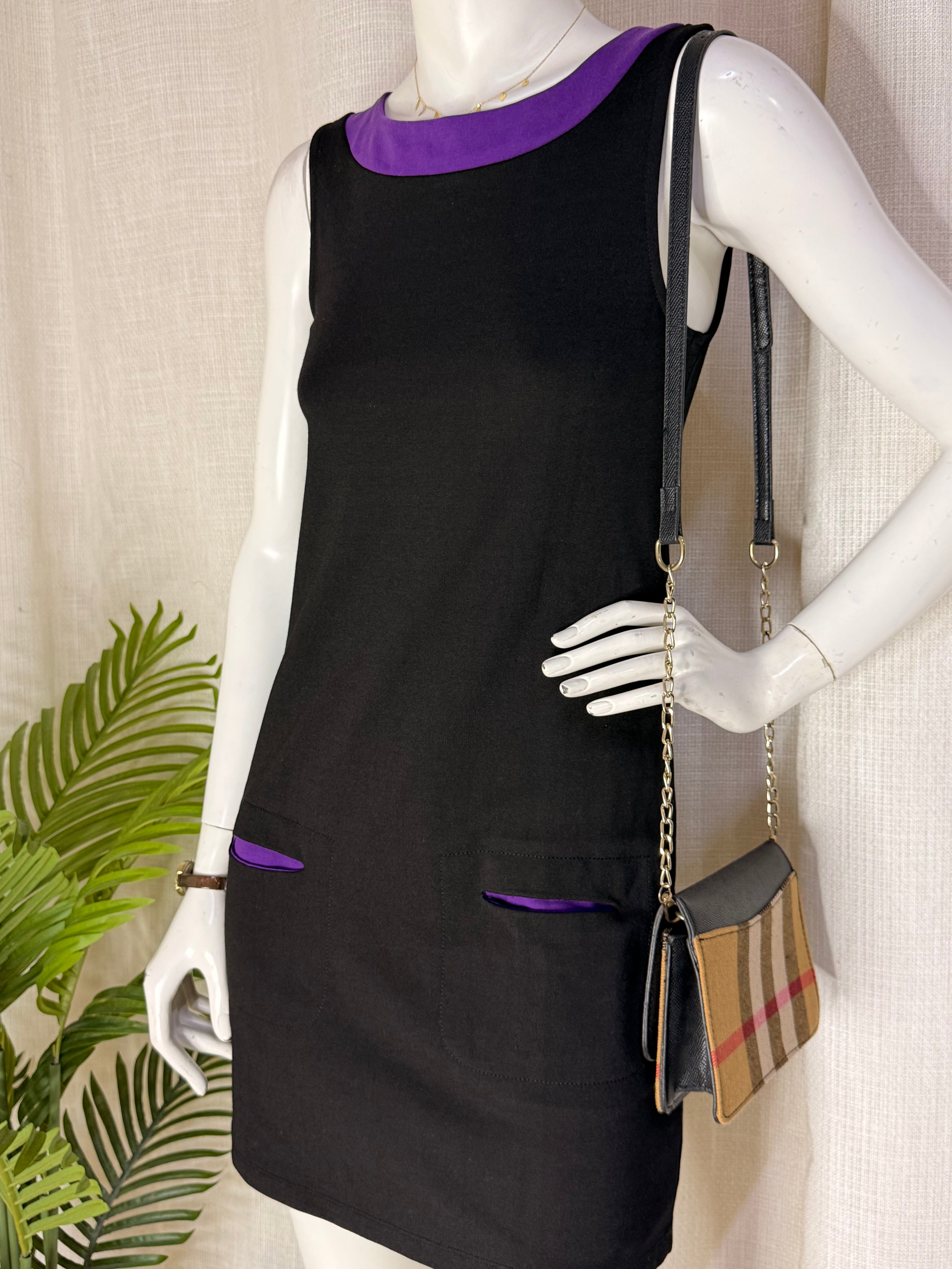 PROMOD Retro Color-Block Trim Sleeveless Shift Dress - Black & Purple (Size S / M)