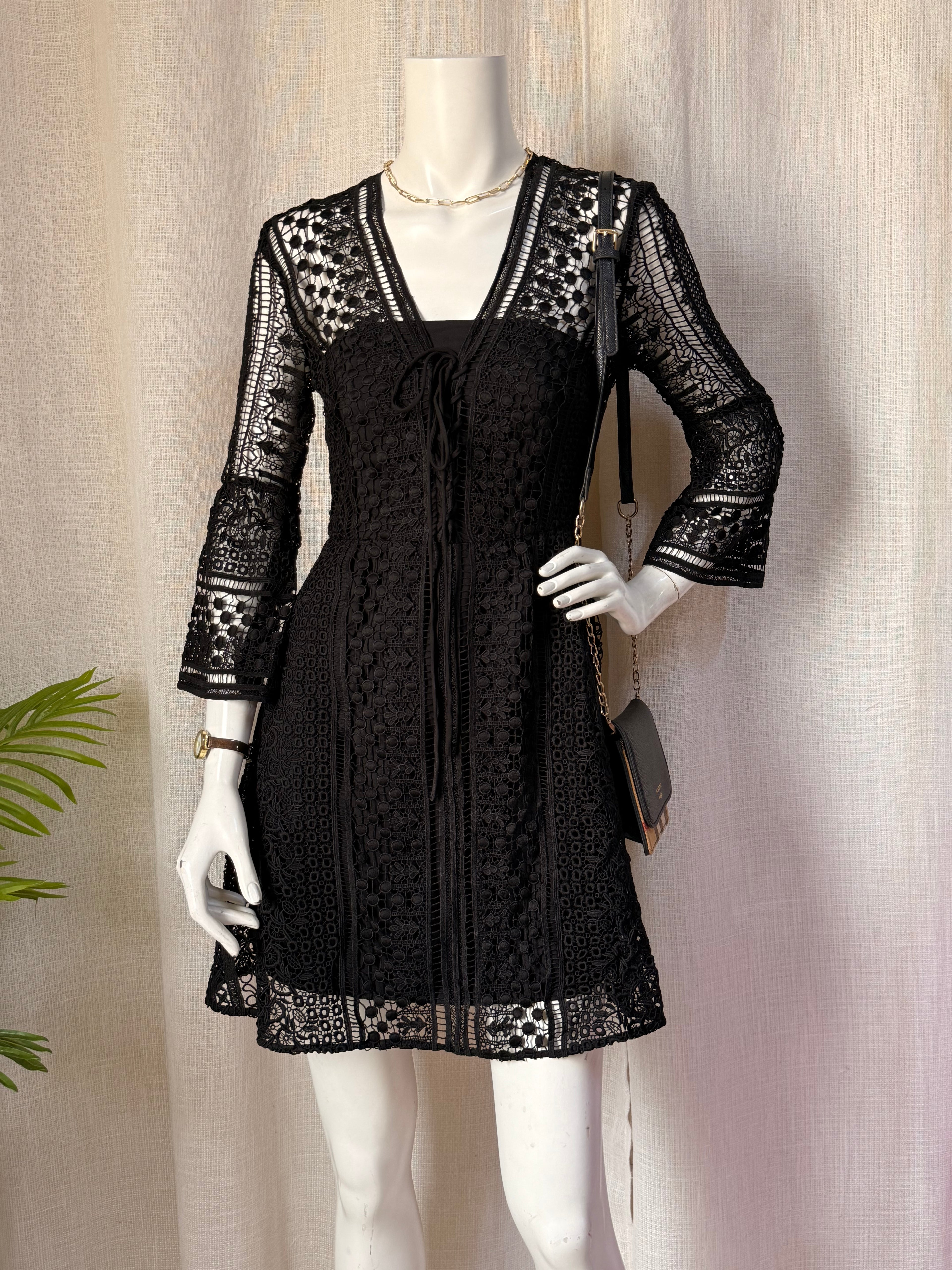 Forever New Black Lace Bell Sleeve Dress - US 4 | Pre-loved Cocktail Dress