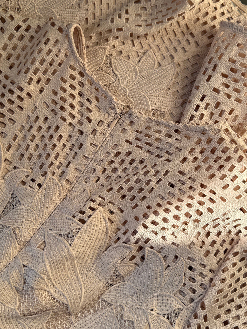 Reiss Nude Crochet Lace Drop Hem Dress | UK 16