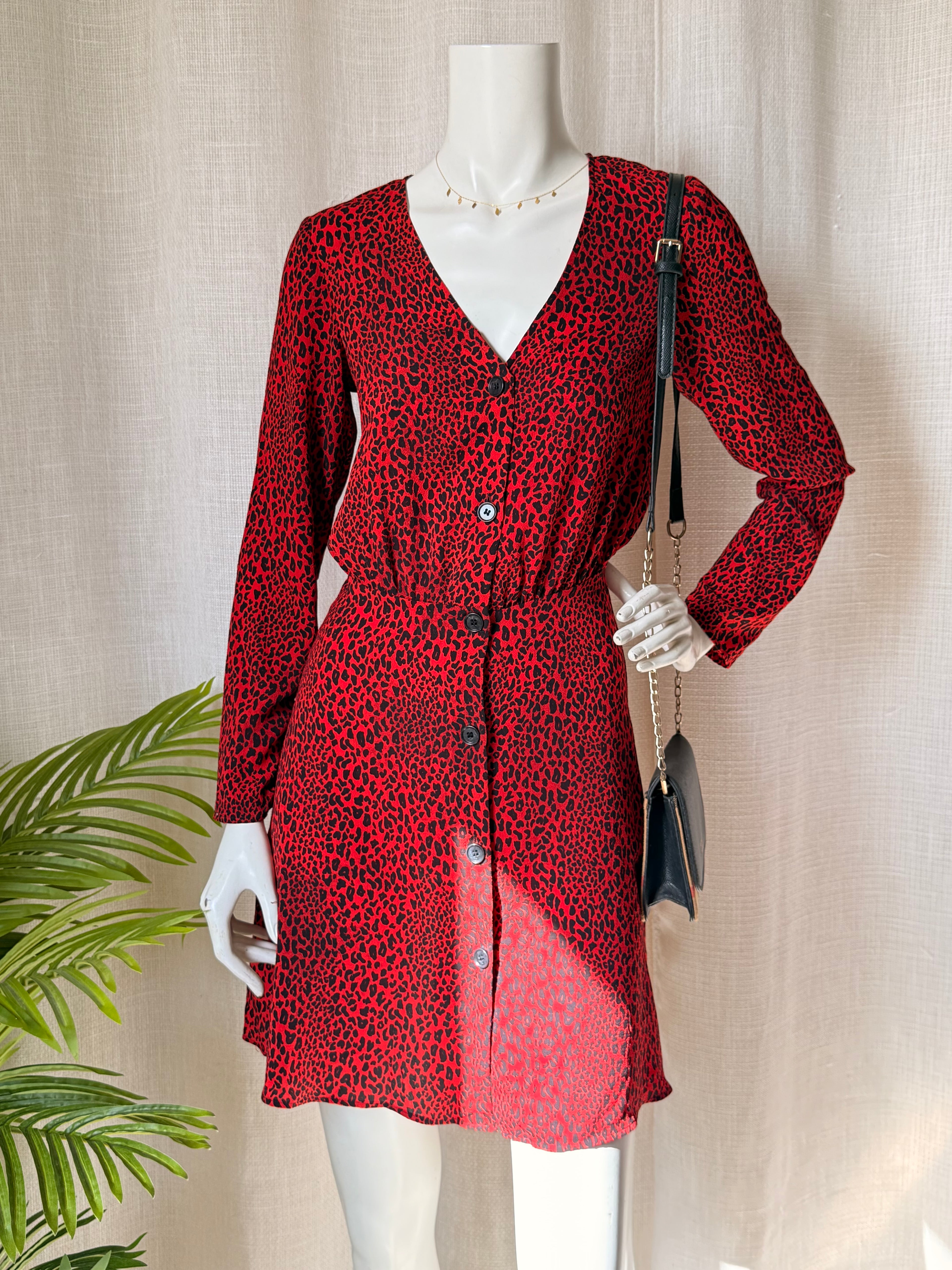 H&M Divided Red Cheetah Print Button Down Dress Size 4