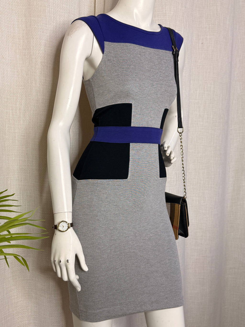 French Connection Grey, Blue & Black Color-Block Bodycon Dress - Size UK 8 / US 4 - Small