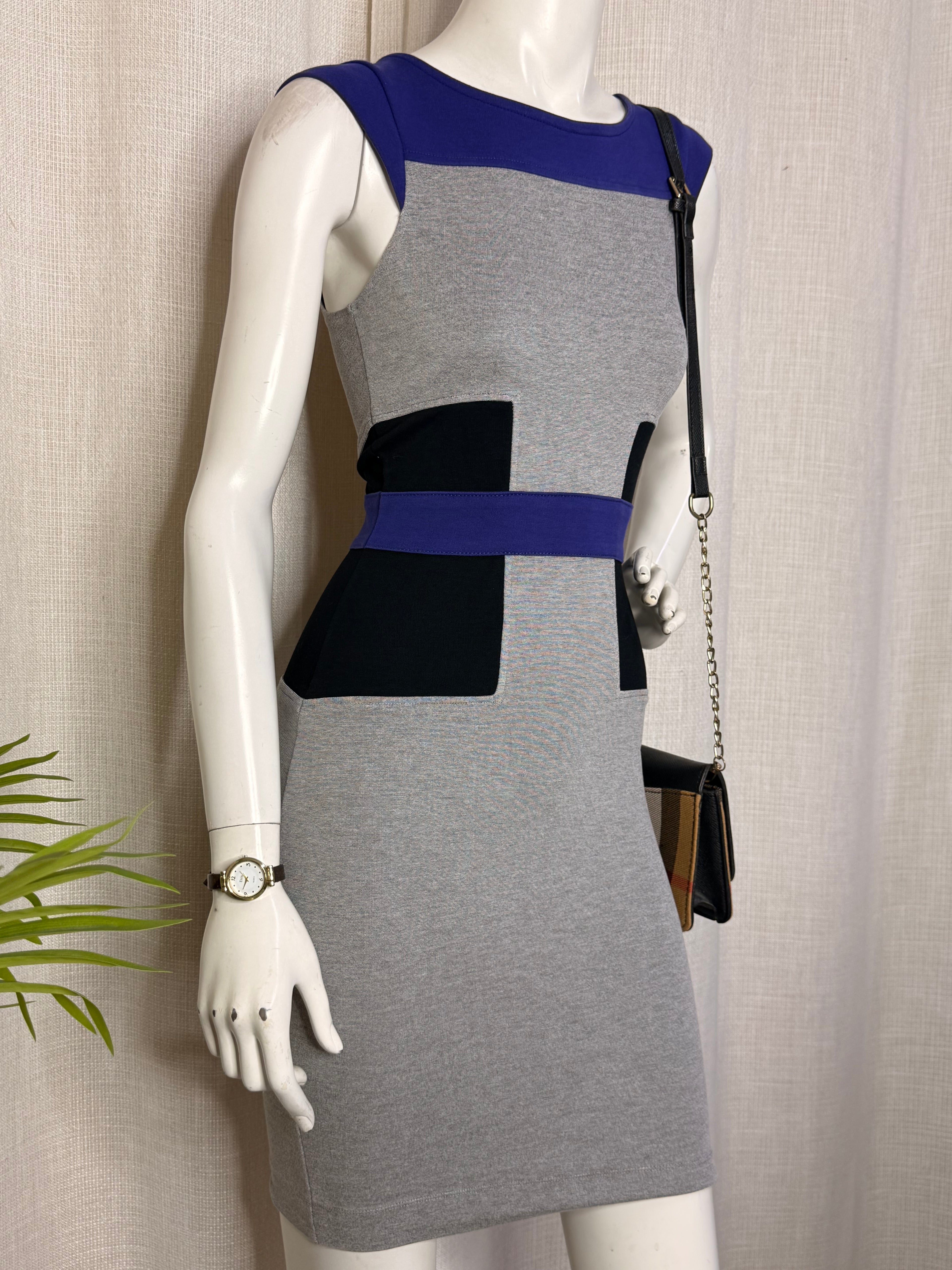 French Connection Grey, Blue & Black Color-Block Bodycon Dress - Size UK 8 / US 4 - Small