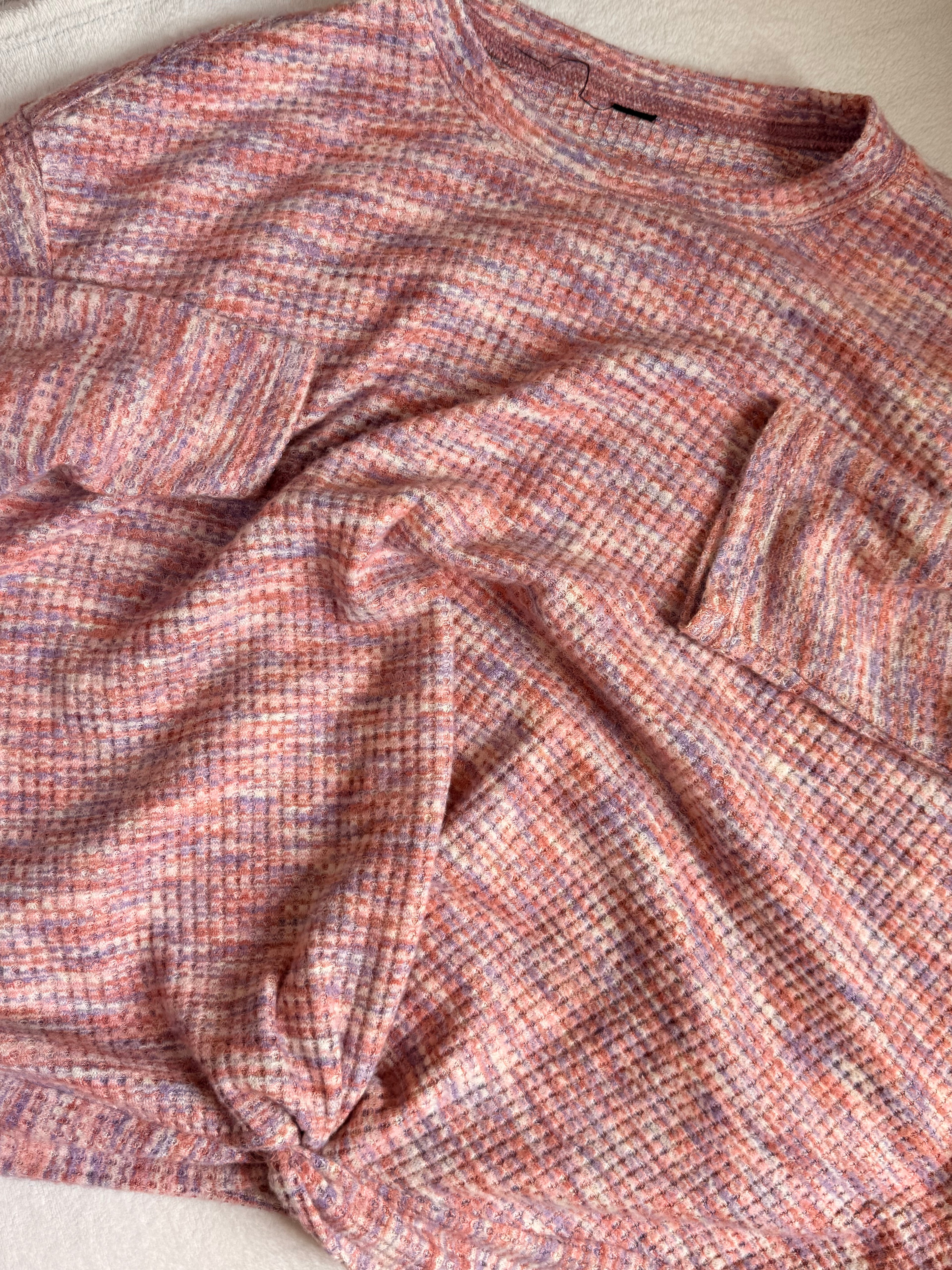 Cozy Pastel Textured Waffle Sweater, Front Twist Accent, Large